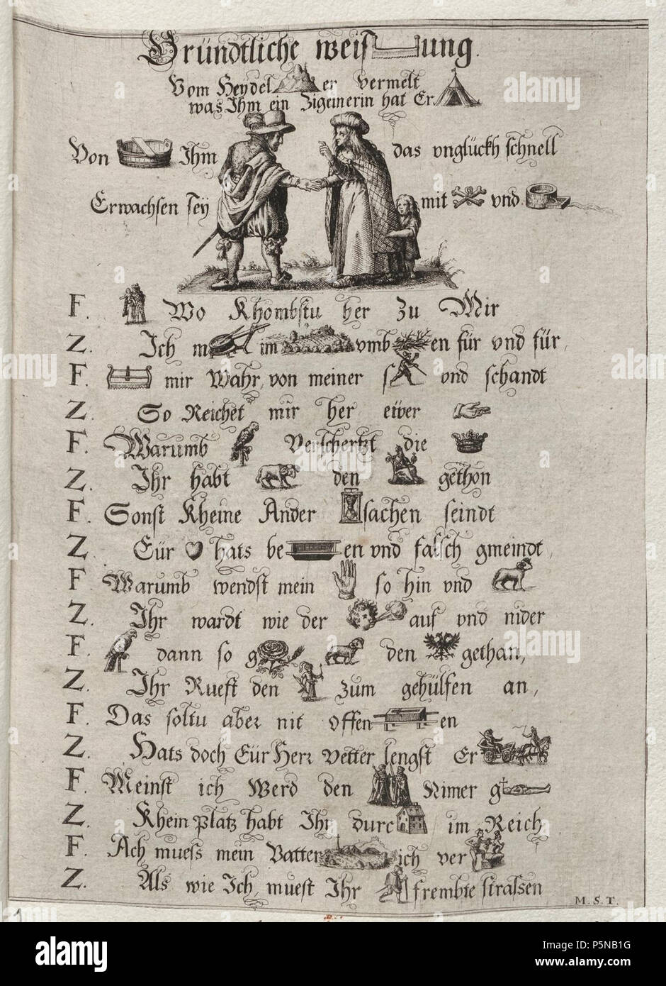 N/A. Grafik aus dem Klebeband Nr. der 18 Waldeckschen Hofbibliothek Fürstlich Arolsen Motiv : Gründliche Weis[säg]ung Vom Frichti'S[berg]er vermelt Zigeinerin a Ihm ein hat er[zelt]. [Von wann] vnglückh das im schnell Erwachsen und mit sey [] []' . entre 16e et 18e siècle centurty. M. S. T. 139 Arolsen Klebeband 180411 Banque D'Images