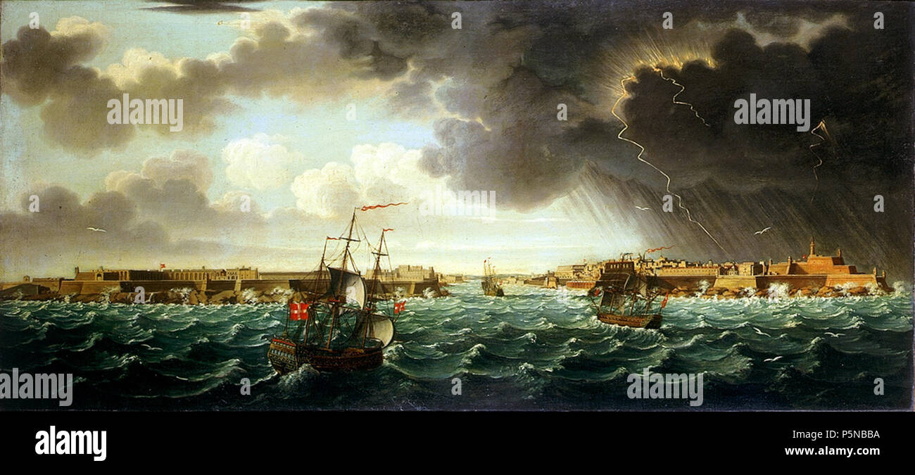N/A. Français : l'île de Malte. Vue de l'entrée du port de La Valette vers 1750 avec des navires de l'ordre de Saint-Jean de Jérusalem sous une tempête. English : Ile de Malte. Vue de l'entrée du port de La Valette vers 1750 avec des navires de l'ordre de Saint-Jean de Jérusalem sous un orage. Español : Isla de Malte. Vista de la entrada del Puerto de la Valleta alrededor de 1750 con barcos de la Orden de San Juan de Jerusalén bajo una tormenta. vers 1750. Alberto Pullicino (attribué à) XVIIIe siècle 140 Arrivee a Malte avec orage sur port La Valette Banque D'Images