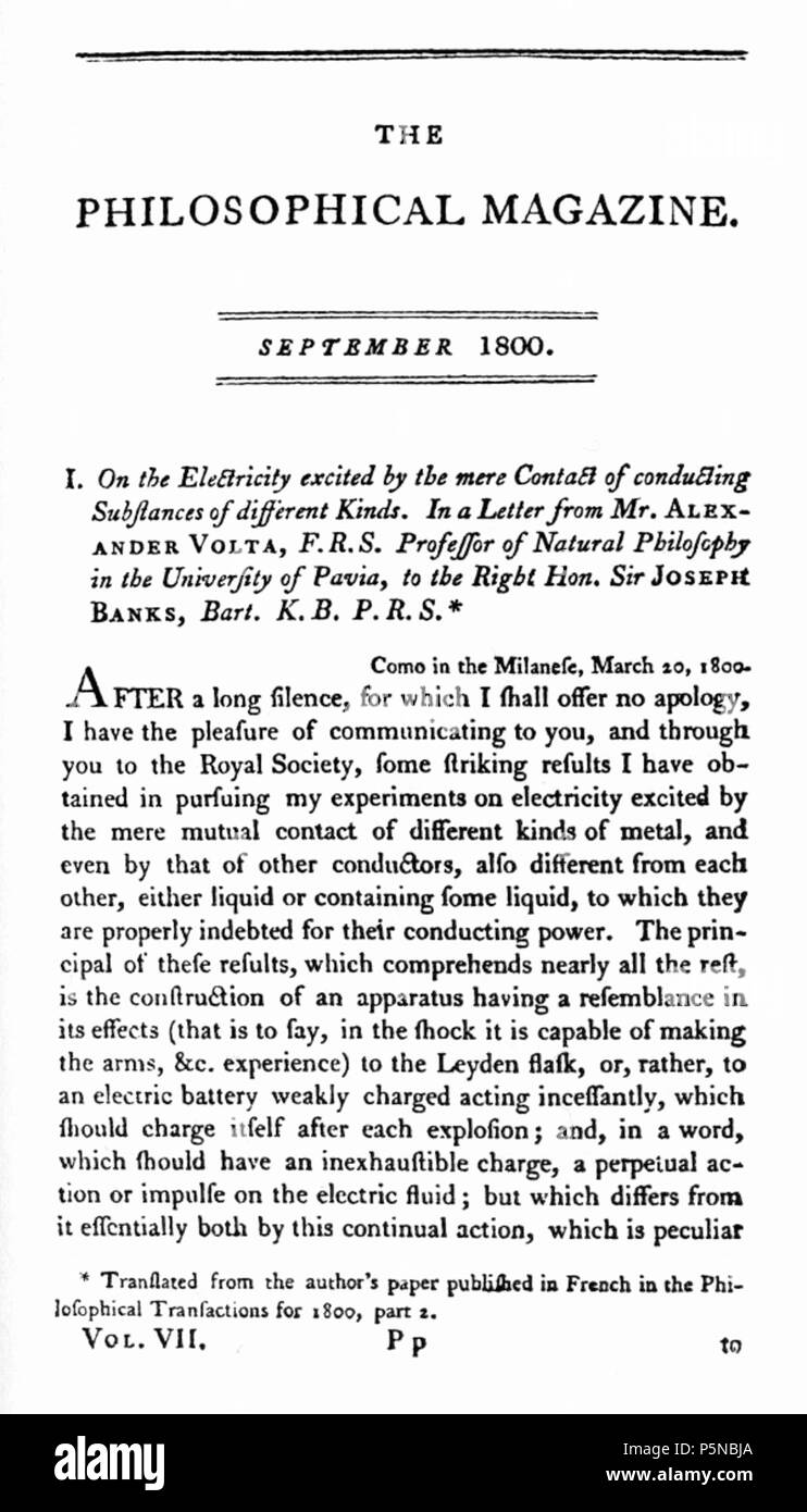 N/A. Anglais : première page de Volta dissertation sur l'électricité . 1800. Alessandro Volta volta pila Articolo 141 Banque D'Images N/A. Anglais : première page de Volta dissertation sur l'électricité . 1800. Alessandro Volta volta pila Articolo 141 Banque D'Images