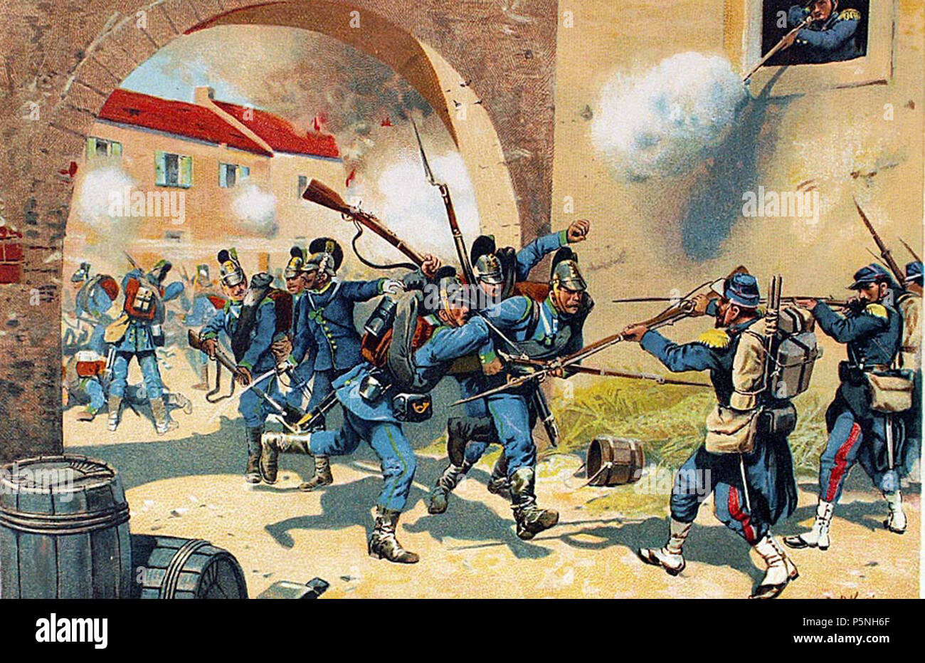 N/A. Anglais : soldats bavarois à la bataille de Bazeilles (guerre franco-prussienne de 1870-1871) Italiano : Soldati bavaresi cruenti durante i scontri nel villaggio di Bazeilles (battaglia di Sedan, 2 settembre 1870) . 1900. Richard Knötel (1857-1914) Description peintre, lithographe allemand et écrivain Date de naissance/Décès 12 Janvier 1857 26 avril 1914 Lieu de naissance/décès Glogau, Allemagne Berlin, Allemagne lieu de travail Oppeln contrôle d'autorité : Q749782 VIAF:5722842 ISNI:0000 0001 1020 4603 ULAN:500076411 RCAC:n:NLA80051540 35227376 179 Bazeilles 2 WorldCat Banque D'Images
