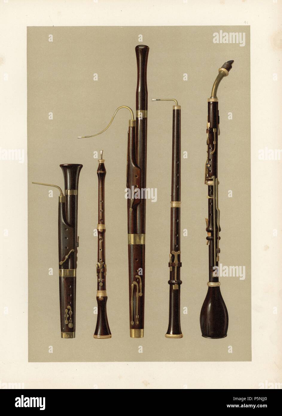 Basson avec une anche simple), hautbois, basson (élaboré à partir de la  basse pommer par Afranio à Ferrare en 1539), hautbois da caccia (basson a  soulevé une 4ème en hauteur) et cor