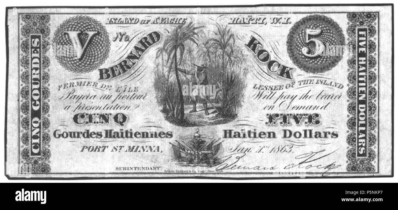 N/A. Anglais : 5 billets de dollars haïtiens, créé par l'entrepreneur Bernard Kock après avoir obtenu un contrat de location pour le peuple haïtien Island Île une vache de cultiver du coton, à l'aide d'esclaves libérés par les États-Unis. 1er janvier 1863. Bernard Kock 192 Bernard Kock 5 dollar haïtien remarque Banque D'Images