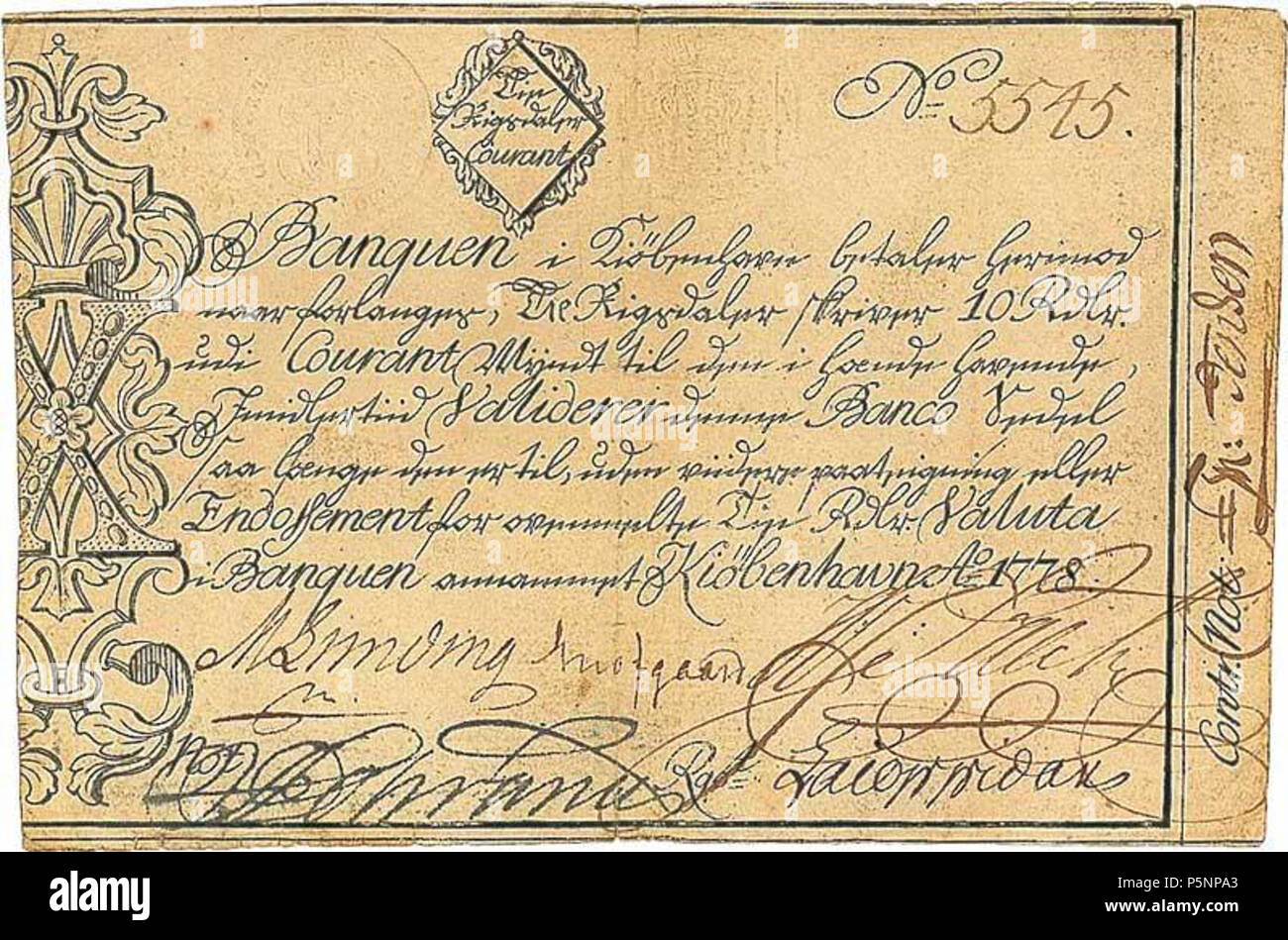 N/A. Die 10-Rigsdaler. Dänemark-Norwegen en billets 1778. Courantbanken 1778 Billets 168 Banque D'Images