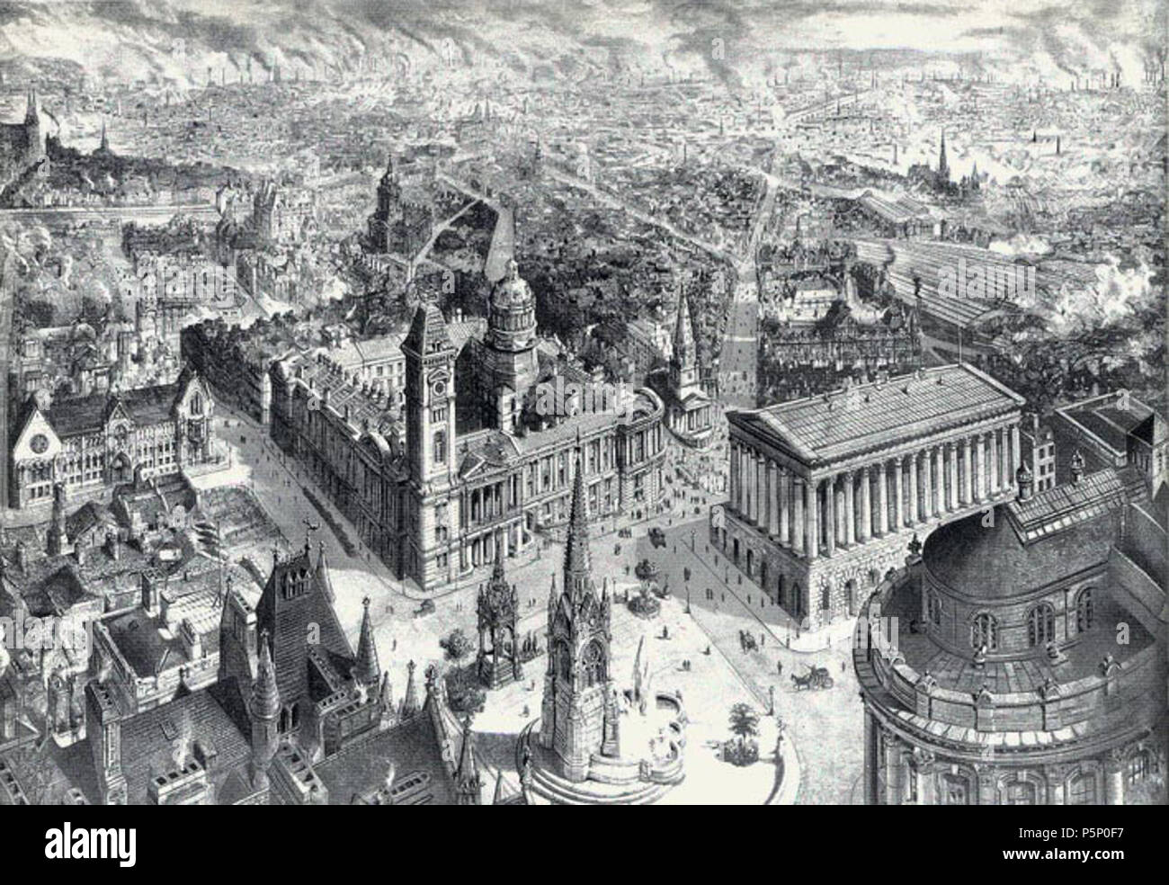 N/A. Anglais : Bird's Eye View de Birmingham en 1886 par H. W. Brewer. Remarque : le centre-ville de Birmingham en 1886 à plus de Chamberlain Square avec la nouvelle maison et galerie d'art du Conseil (au centre), l'hôtel de ville (l'immeuble avec piliers sur la droite) et l'Église du Christ entre eux (démoli - maintenant la place Victoria). Le Chamberlain memorial qui est en bas au centre. Centre de marge de gauche avec une rose est l'École d'art de Birmingham New Street Station et St Martin dans les arènes sont au-dessus de l'église la Mairie. La Cathédrale St Philippe au-dessus de la tour carrée de th Banque D'Images
