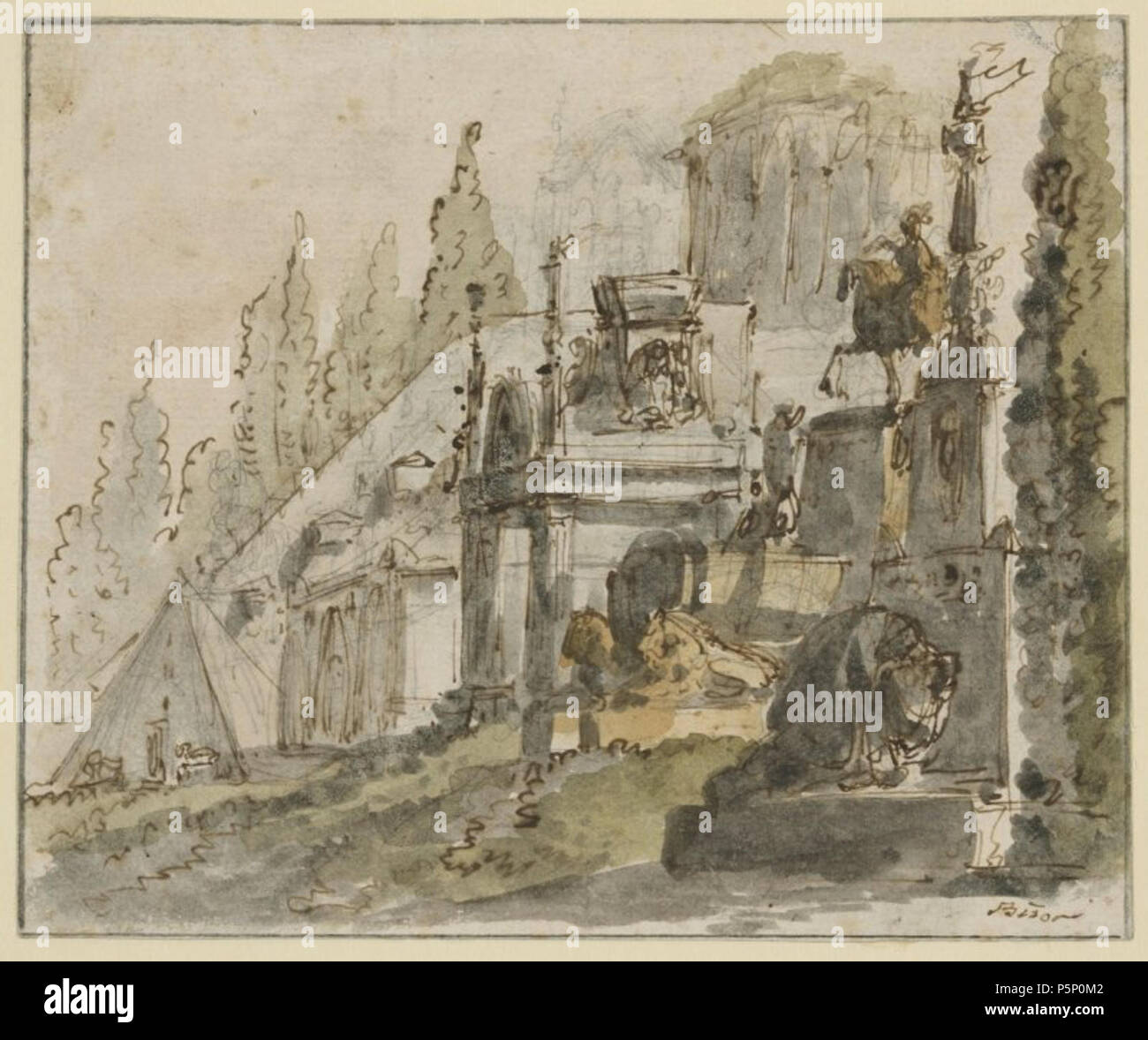 N/A. Anglais : Capriccio Paysage avec monuments classiques par Giuseppe Bernardino Bison, plume et encre brune, pinceau et de couleur brun-vert et gris rosâtre, aquarelle et lavis sur craie noire sur papier, 5 x 6 1/16 in., Crocker Art Museum . Giuseppe Bernardino Bison 206 Capriccio Paysage avec monuments classiques par Giuseppe Bernardino Bison Banque D'Images