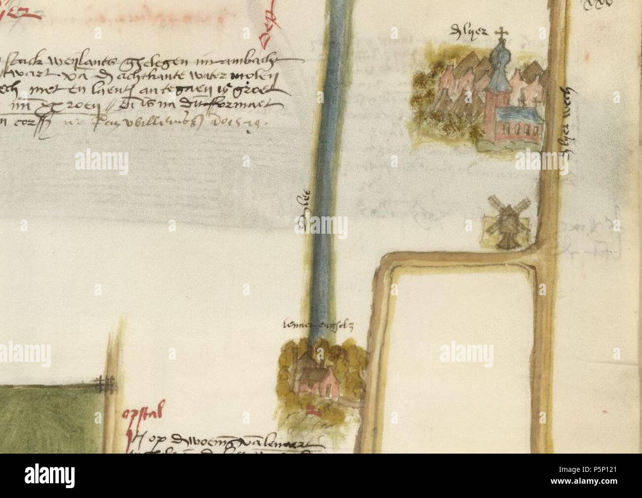 N/A. Anglais : Plan de De Lier, les Pays-Bas. L'église est affiché qui est  brûlé en 1572. La carte appartenait à un monastère de Lochem. Les terres  appartenaient à ce monastère sont