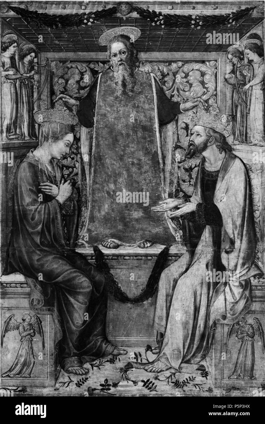 N/A. Anglais : Huile sur panneau l'inscription du couronnement du Christ et de la Vierge par Dieu le Père, d'un retable pour la chapelle de Sant'Agostino, à Crémone. Les chiffres sont aussi pensé pour représenter les Saints Daria et grisante. Le retable a été commandé par la famille ducale de Milan, et a célébré le jour de la fête des saints du 25 octobre, qui était aussi l'anniversaire de Francesco Sforza et Bianca Maria Visconti, mariés en 1441. Le groupe réside actuellement dans le Museo Civico Ala Ponzone, à Crémone. 1467. Bonifacio Bembo (1420-1480) Noms alternatifs Bembo, Bonifazio Descrip Banque D'Images
