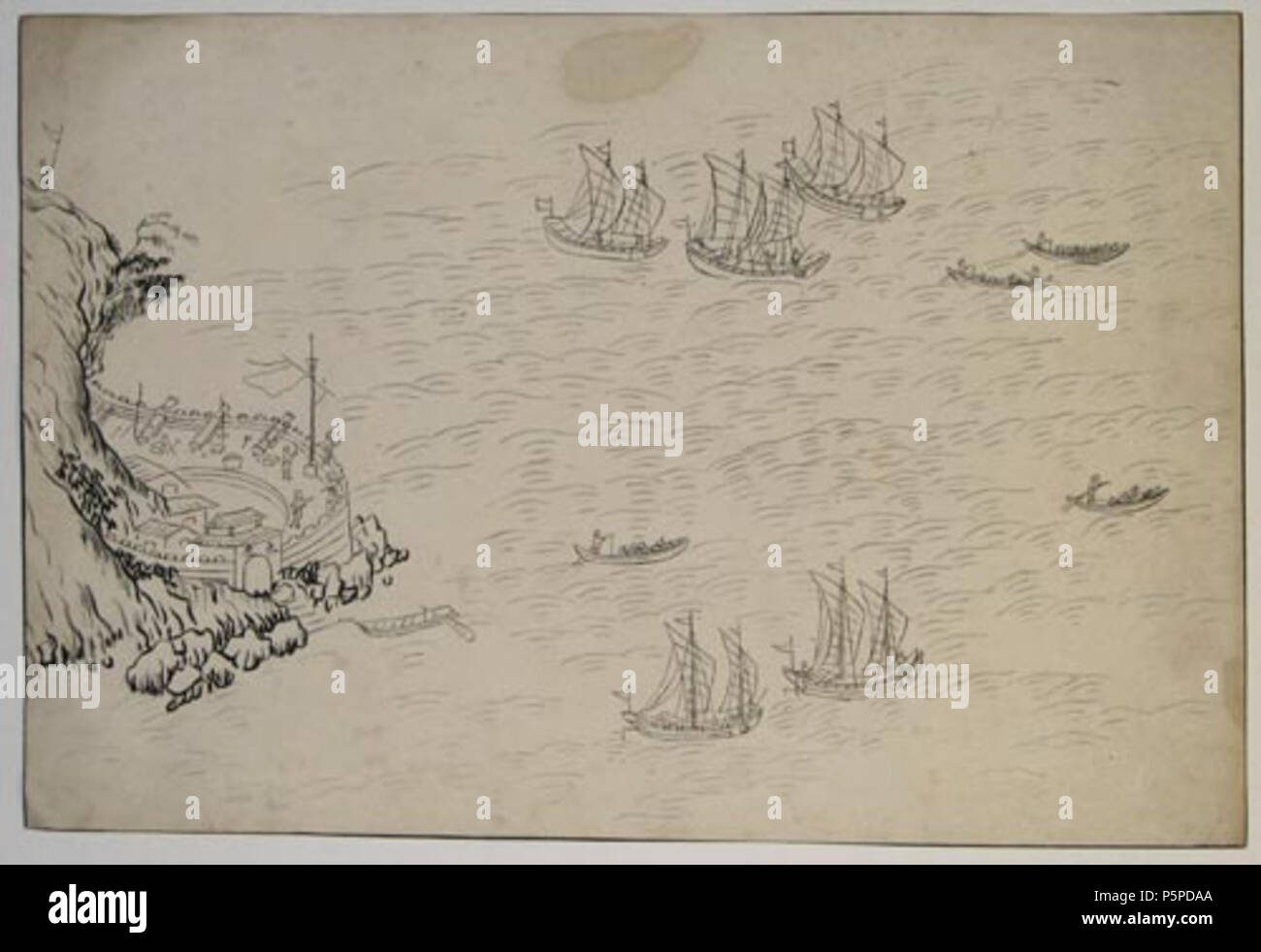 N/A. Anglais : fac-similé de dessins chinois original trouvé dans la maison de Kwan, le commandant en chef de l'Anunghoy batteries, Bocca Tigris, Chine, après leur capture par les Anglais le 26 février 1841. Les photos représentent l'attaque prévue par l'anglais. vers 1850. 216 attaque Bogue inconnu Banque D'Images