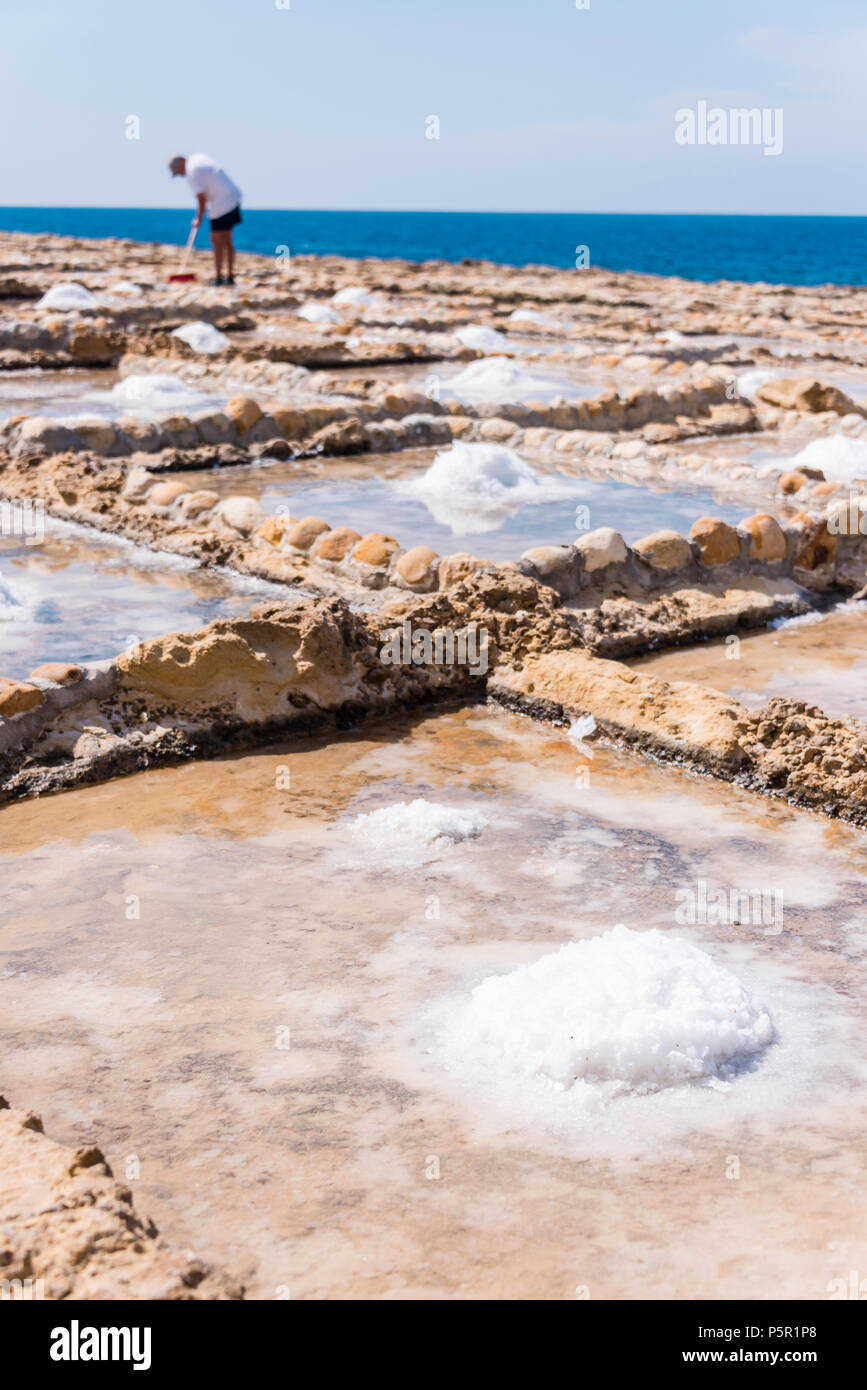 La récolte du sel de mer de l'ancien marais salants à Marsalforn, Gozo, Malte. Banque D'Images