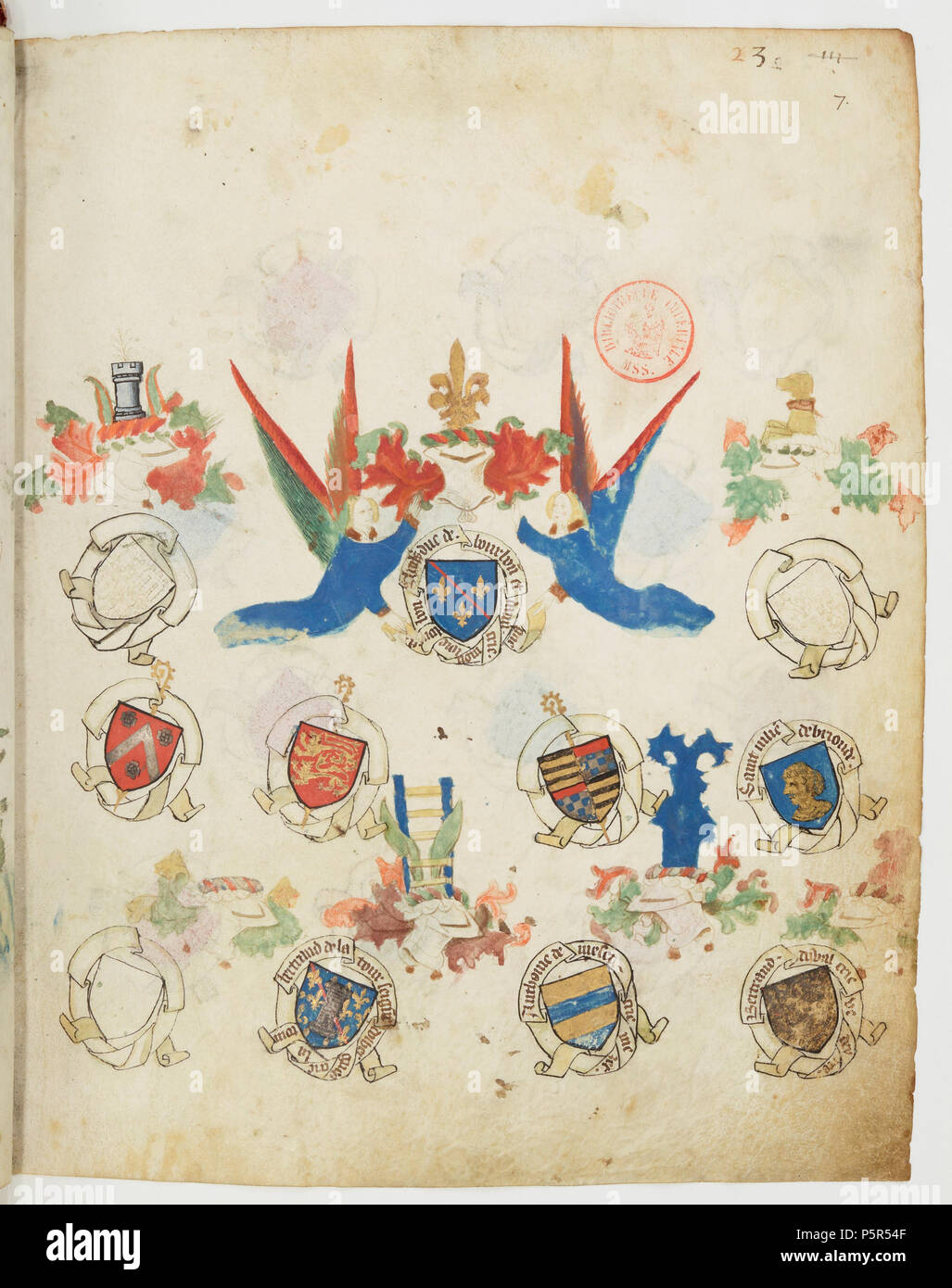 N/A. English : " Registre d'armes " ou armorial d'Auvergne, dédié par le hérault Guillaume REVEL au roi Charles VII entre 1401 et 1500. Inconnu 209 Blason bourbon P23 Banque D'Images