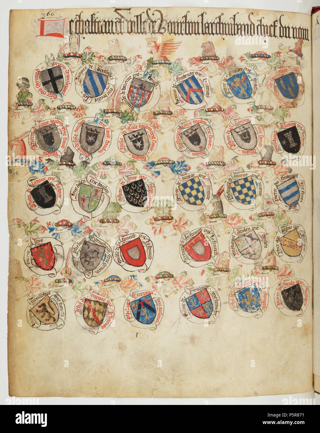 N/A. English : " Registre d'armes " ou armorial d'Auvergne, dédié par le hérault Guillaume REVEL au roi Charles VII entre 1401 et 1500. Inconnu 227 Bourbon l'archambault page gauche Banque D'Images