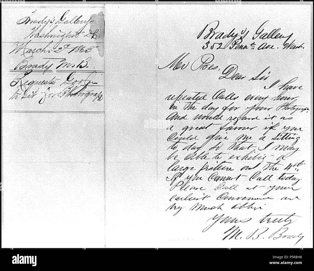 N/A. French : Photo de lettre à Lincoln écrit et photographié par Mathew Brady, 1865, demande au président de siéger pour une photo. 1865. Mathew Brady (1822-1896) Description photographe américain, photographe de guerre, photojournaliste et journaliste Date de naissance/Décès Mer 18 Mai 1822 15 janvier 1896 Lieu de naissance/décès Warren Comté Manhattan période de travail, de 1844 à environ 1887 lieu de travail Ville de New York, Washington, D.C. le contrôle d'autorité : Q187850 VIAF:22965552 ISNI:0000 0001 2209 4376 ULAN:500126201 RCAC:n:NARA81140569 10570155 229 WorldCat Brady +lettre Lincoln Banque D'Images