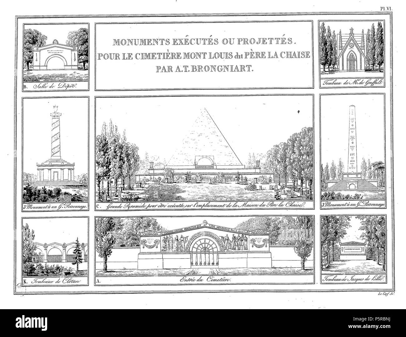 241 Brongniart - Plans du Palais de la Bourse de Paris et du cimetière Mont-Louis, VI Banque D'Images