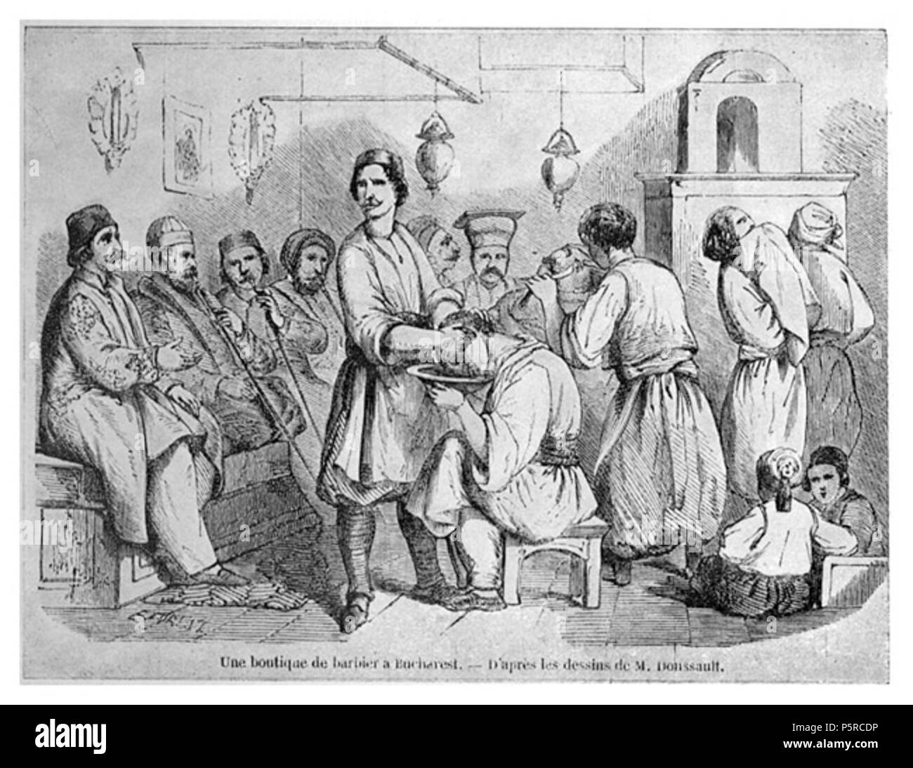 N/A. Salon de coiffure à Bucarest, vers 1842. Bois gravure 11x15cm Français : Une boutique de barbier à Bucarest ; d'après les dessins de M. Doussault . 1842. Charles Doussault (1814-1880) peintre français Description Date de naissance/décès 1814 1880 Lieu de naissance Fougères lieu de travail Français : France, Roumanie contrôle d'autorité : Q18508027 VIAF:96445055 ULAN:500102850 RKD:24036247 Barbershop Bucarest 1842 Banque D'Images