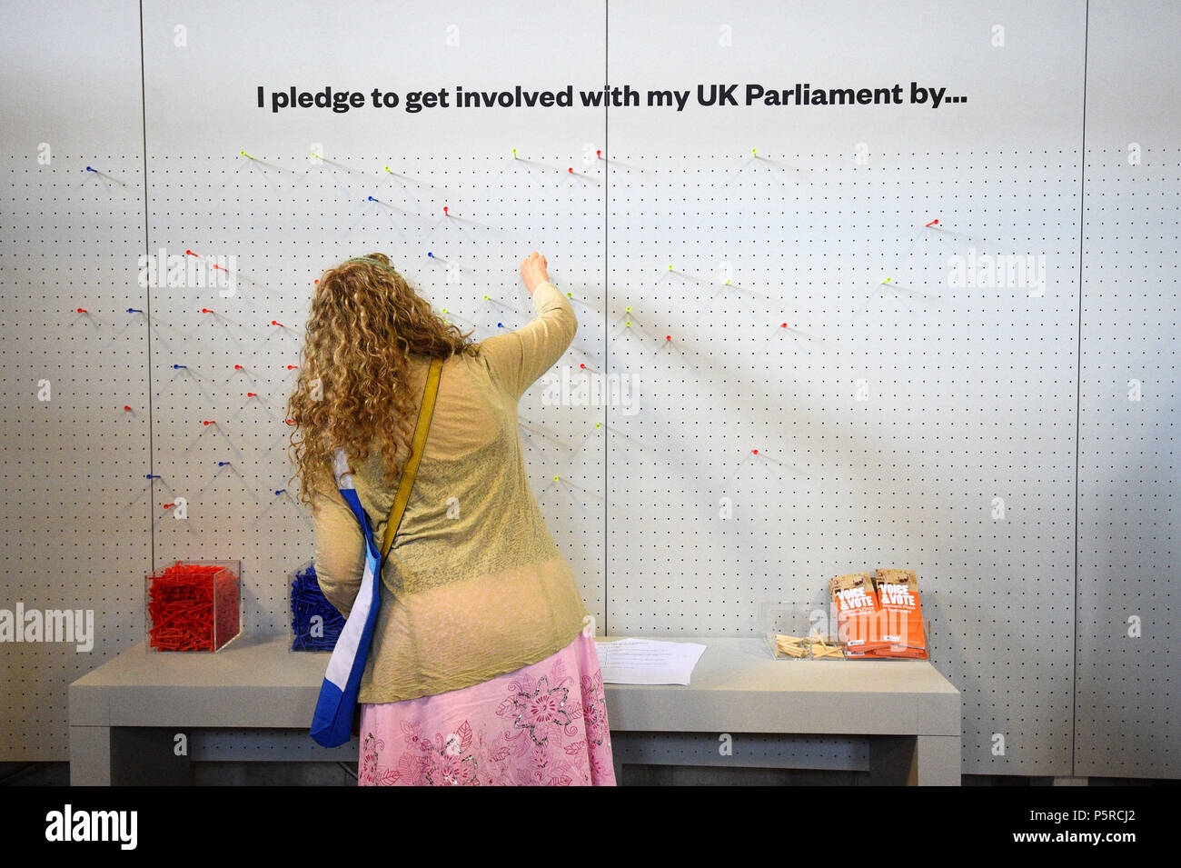 Un visiteur place un crochet sur une carte lors d'un aperçu de l'exposition voix et vote : la place des femmes au Parlement à Westminster Hall, Chambre des communes, Londres. Banque D'Images
