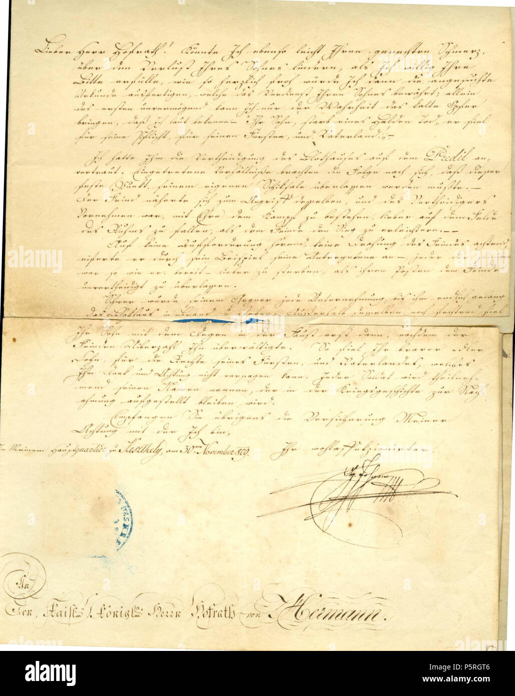 N/A. Deutsch : Brief an den Vater Erzherzog Johann Hauptmann Johann Hermann von Hermannsdorf . 5 décembre 1809. Bref 235 Schennerhof Schennerhof1809 Banque D'Images