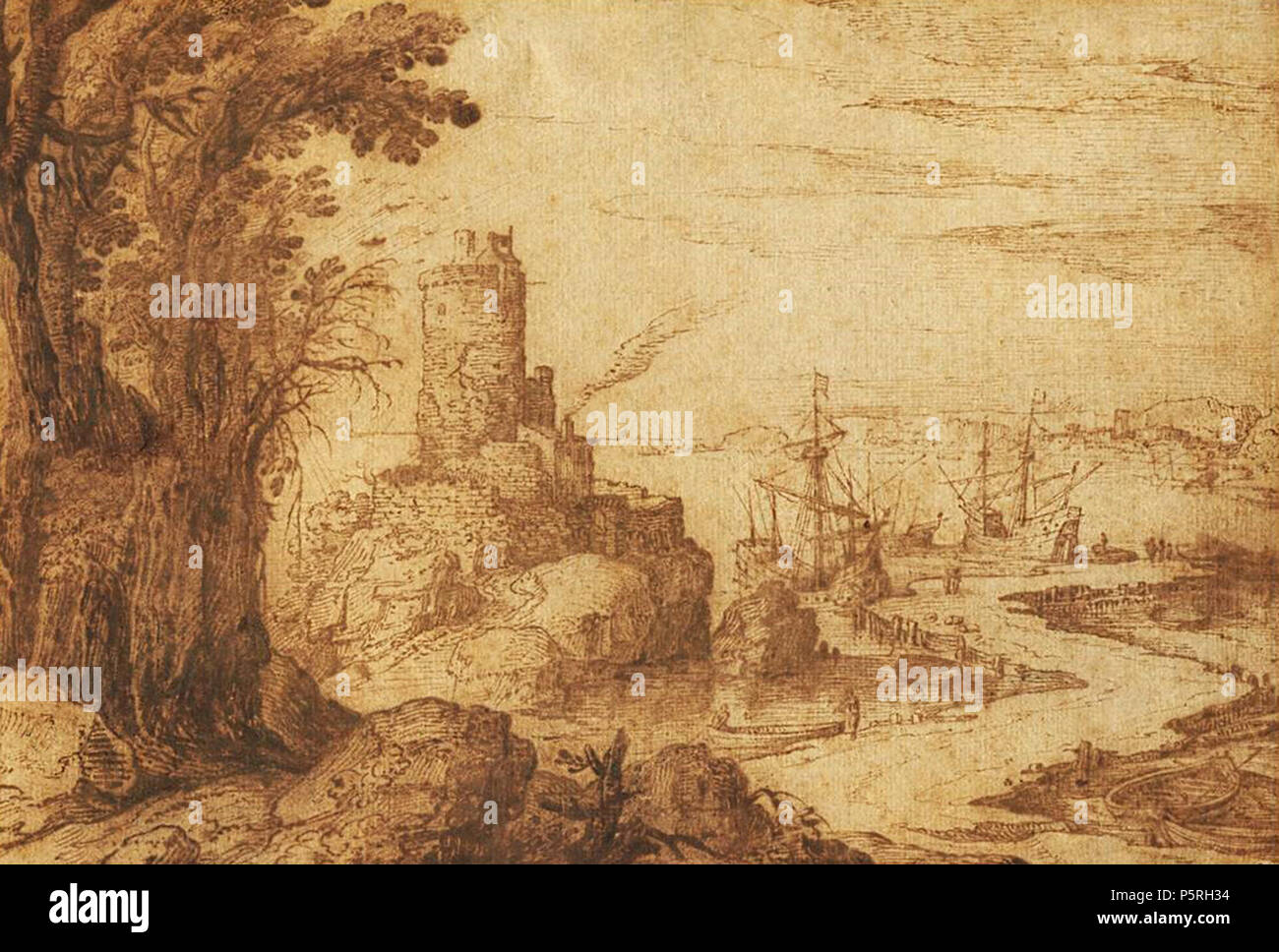 N/A. Anglais : Vue d'un port avec une tour par Paul Bril, ch. 1600, Ackland Art Museum . vers 1600. Paul Bril 235 Vue d'un port avec une tour par Paul Bril, ch. 1600 Banque D'Images