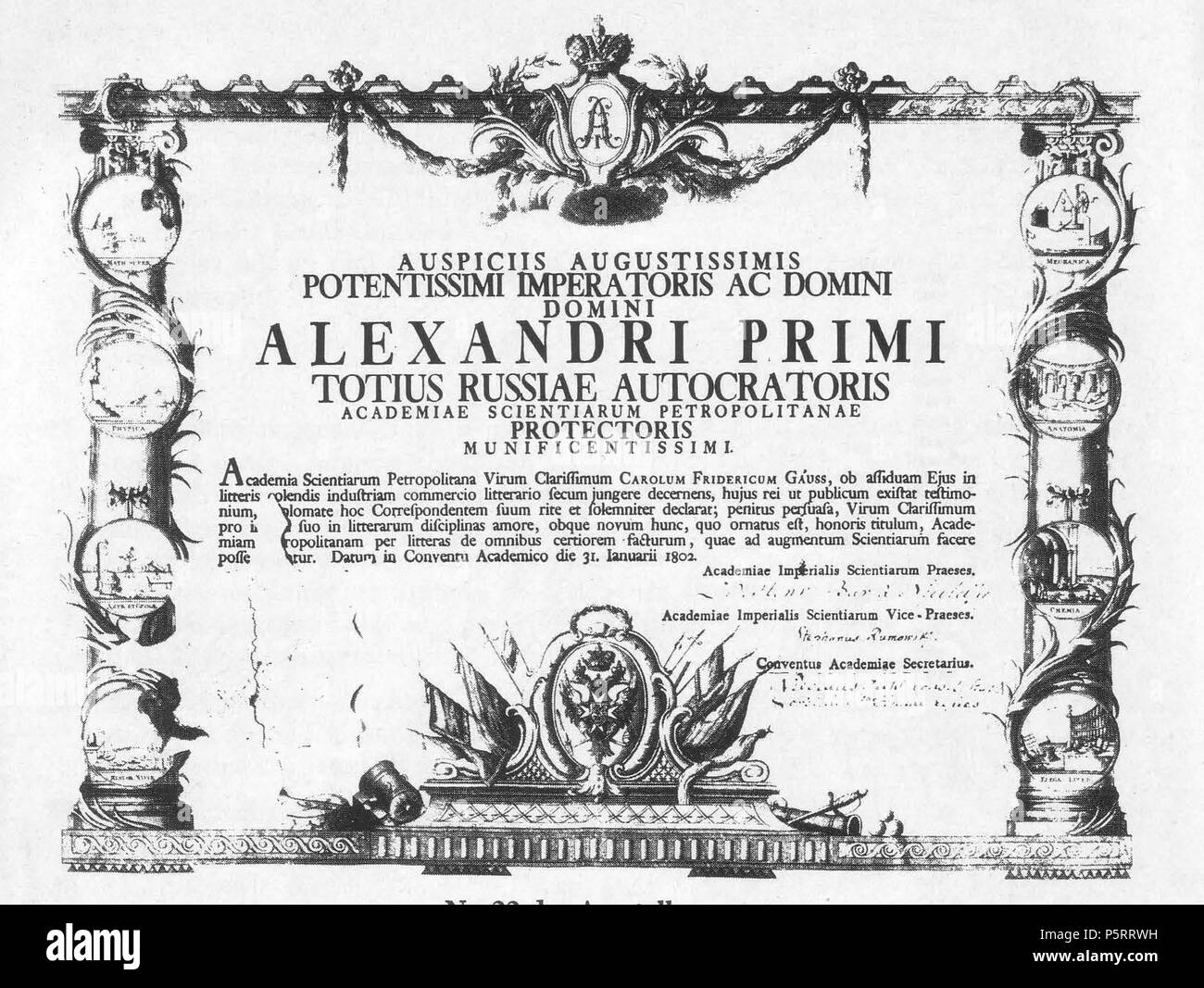 272 Carl Friedrich Gauß, Mitgliedsdiplom der Kaiserlichen Akademie der Wissenschaften de Petersburg Banque D'Images