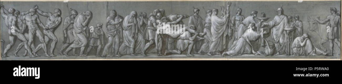 N/A. Anglais : Funérailles d'un héros par Jacques-Louis David, 1778, plume et encre noire, le pinceau et la laver et gris opaque blanc aquarelle sur craie noire sur papier bleu, 10 x 59 5/16 in. à 5/8. (26,19 cm x 151,45 cm), Crocker Art Museum . 1778. Jacques-Louis David 416 Funérailles d'un héros par Jacques-Louis David, 1778, plume et encre noire Banque D'Images