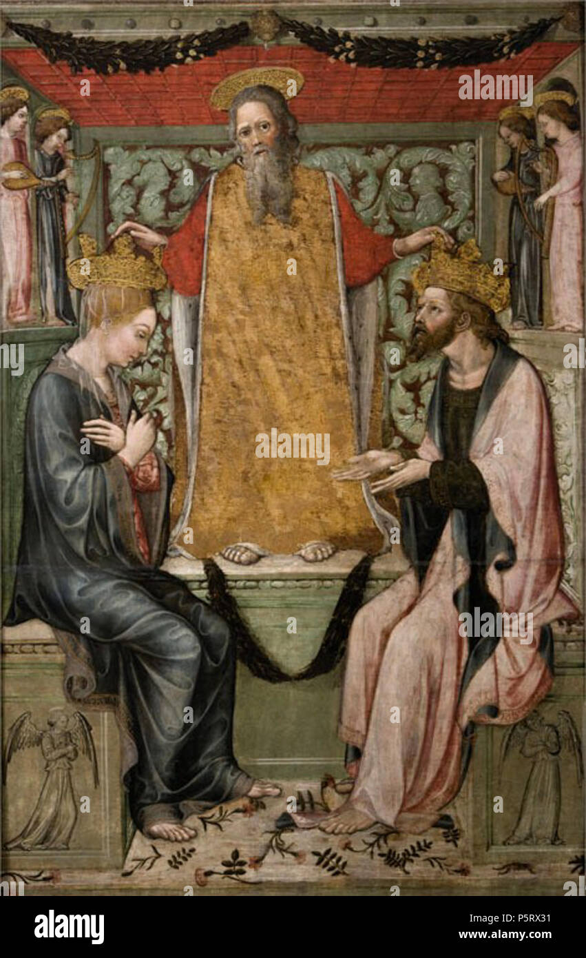 Couronnement de Christ et de la Vierge par Dieu le Père . Anglais : à partir d'un retable pour la chapelle de Sant'Agostino, à Crémone. Les chiffres sont aussi pensé pour représenter les Saints Daria et grisante. Le retable a été commandé par la famille ducale de Milan, et a célébré le jour de la fête des saints du 25 octobre, qui était aussi l'anniversaire de Francesco Sforza et Bianca Maria Visconti, mariés en 1441. Le groupe réside actuellement dans le Museo Civico Ala Ponzone, à Crémone. . 1467. N/A 185 Bembo-cornation-christ-vierge-museo civico--ala-ponzone-1467 Banque D'Images