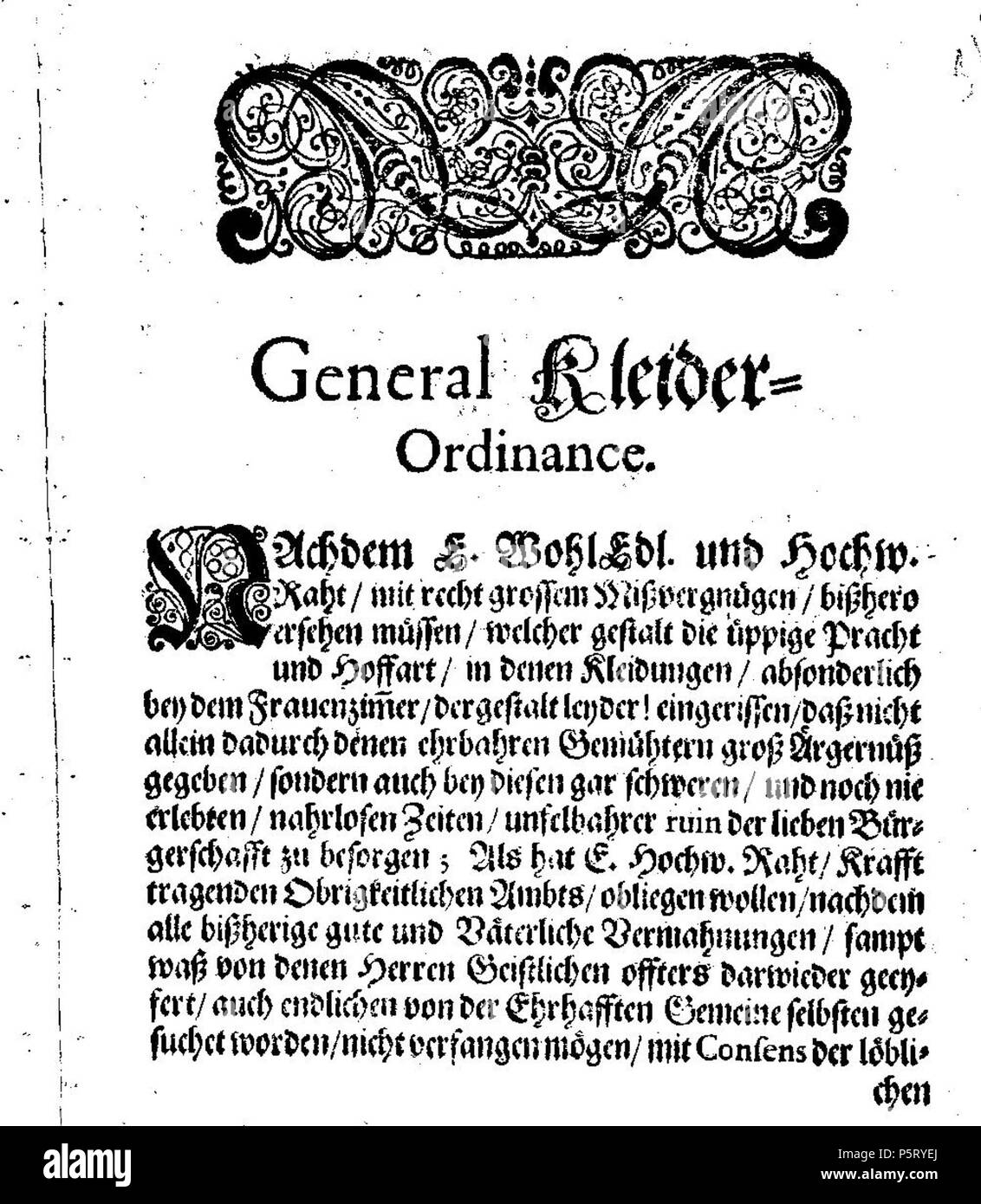 N/A. Generale Kleiderordnung. Dieselbe Wie Anno 1691 Bürgerschafft Beliebung abgefasst mit allgemeiner worden und publiciert . 1691. Ce fichier n'est pas informations sur l'auteur. De 421 Kleiderordnung 1691 2 Banque D'Images