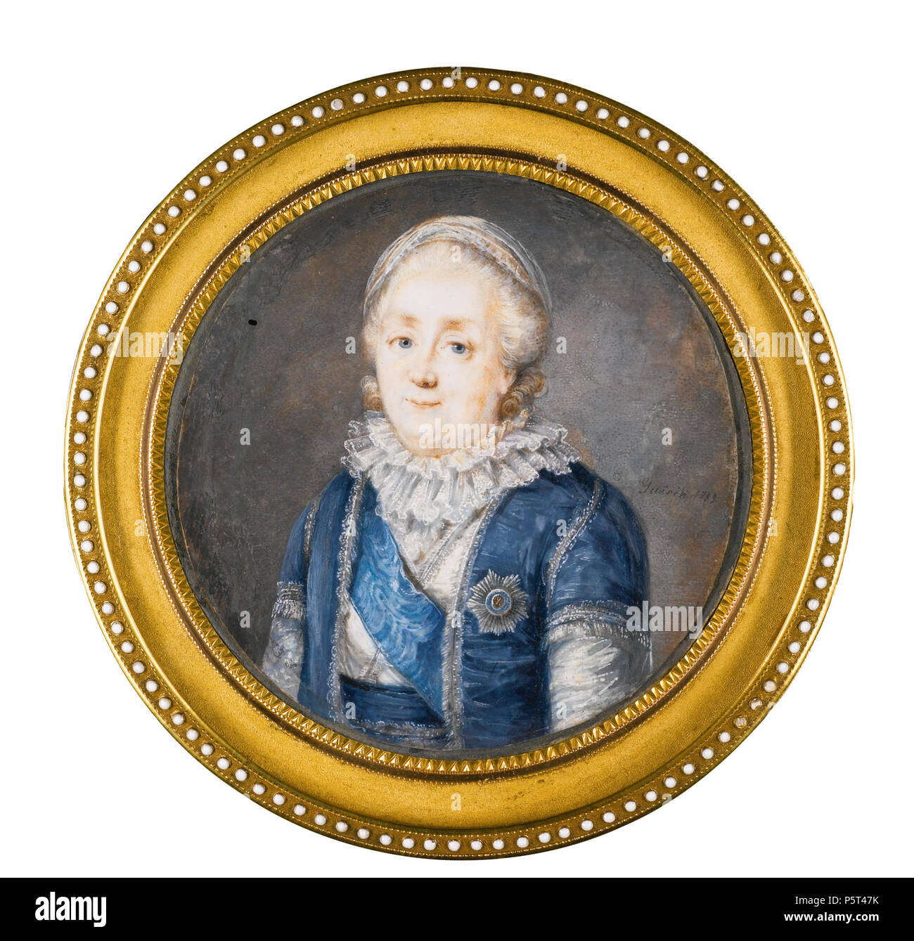 N/A. Jean-Urbain Guérin, 1760 - 1836 PORTRAIT DE LA GRANDE CATHERINE DE RUSSIE (1729-1796) Aquarelle et gouache sur ivoire, structure métallique doré décoré d'émail ; signé au centre à droite : Guerin 1789 75 mm diam. 1789. Jean-Urbain Guerin 282 Catherine II par J.U.Guerin (1789, priv.coll.) Banque D'Images