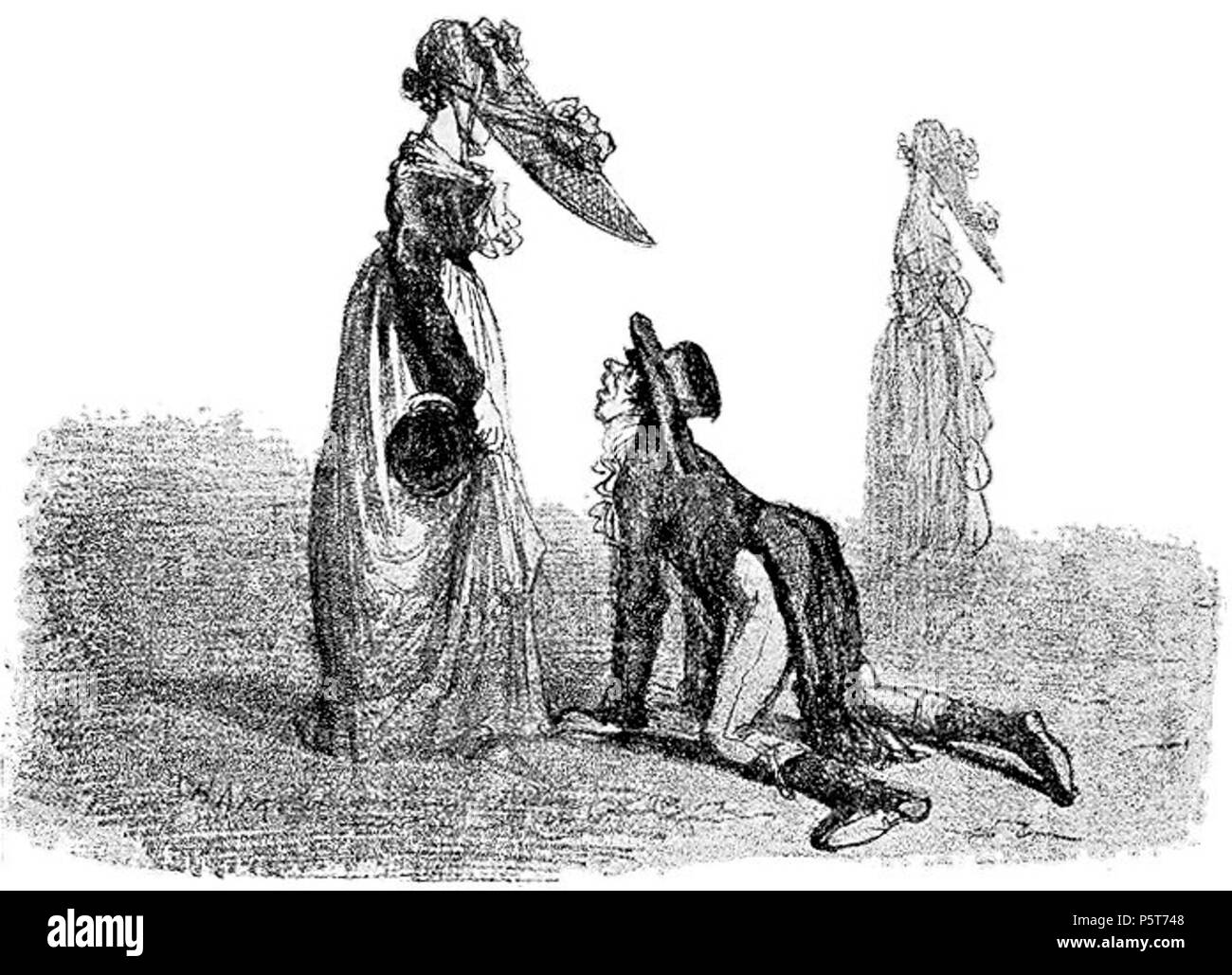 N/A. Anglais : une satire sur le capot à bec par l'artiste français 'Cham' (Amédée de Noé) -- l'homme est de procéder à des mesures désespérées pour tenter d'obtenir un aperçu de la Lady's face (caché sous son bonnet quand elle regarde vers le bas) comme il est en conversation avec elle... Probablement été réalisée dans les années 1840, mais apparemment, illustrant les modes du début des années 1820(). La signature ('CHAM') est en bas à gauche. Années 1840. Amédée de Noé (1819-1879) Noms alternatifs Cham caricaturiste et lithographe français Description Date de naissance/décès 1818 6 septembre 1879 Lieu de naissance/décès Paris Paris contrôle d'autorité : Banque D'Images