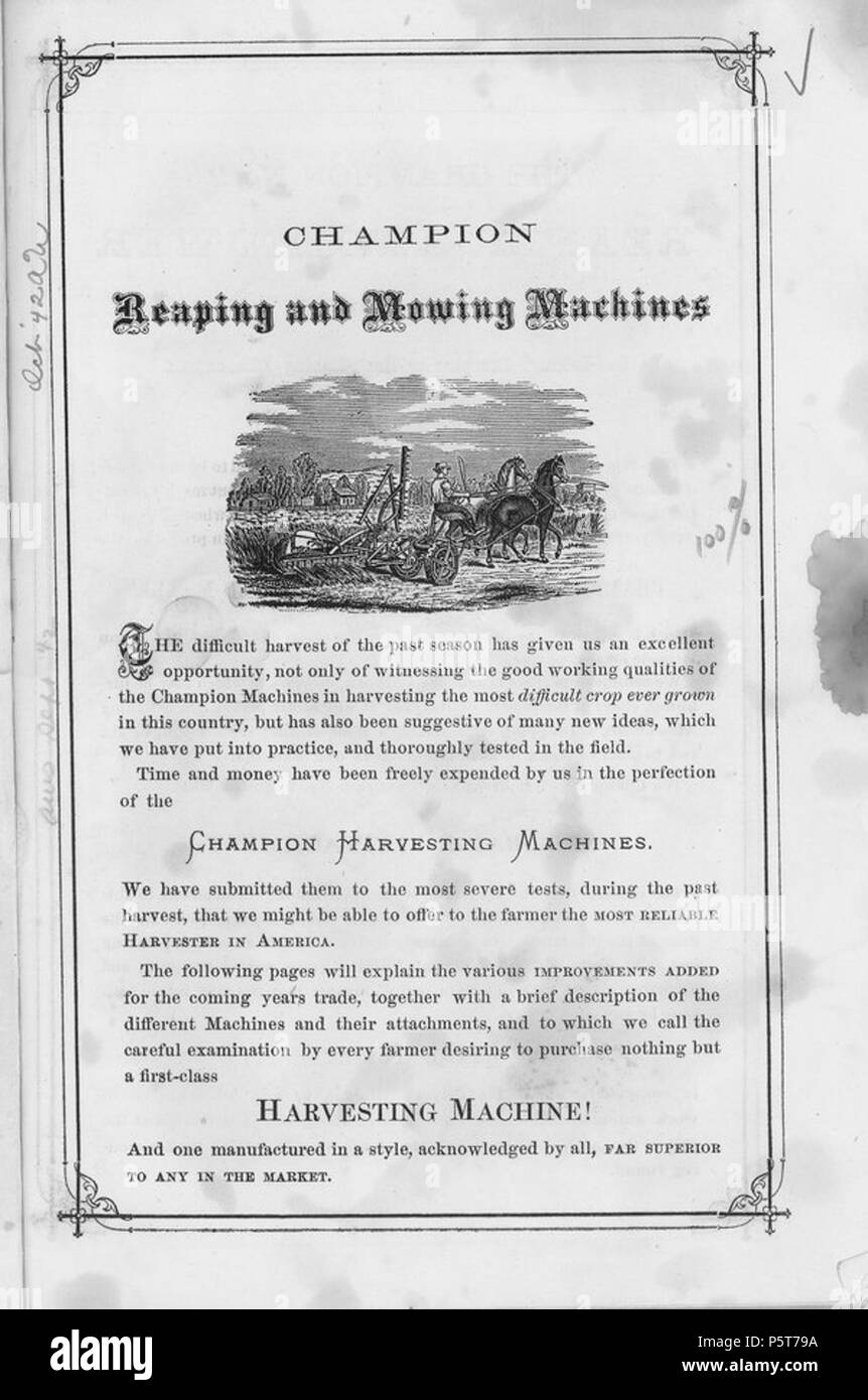 Anglais : Champion moisson et tondeuses Brochure 01 vers 1885. N/A 323 Machines de coupe et de récolte Champion Brochure 01 Banque D'Images