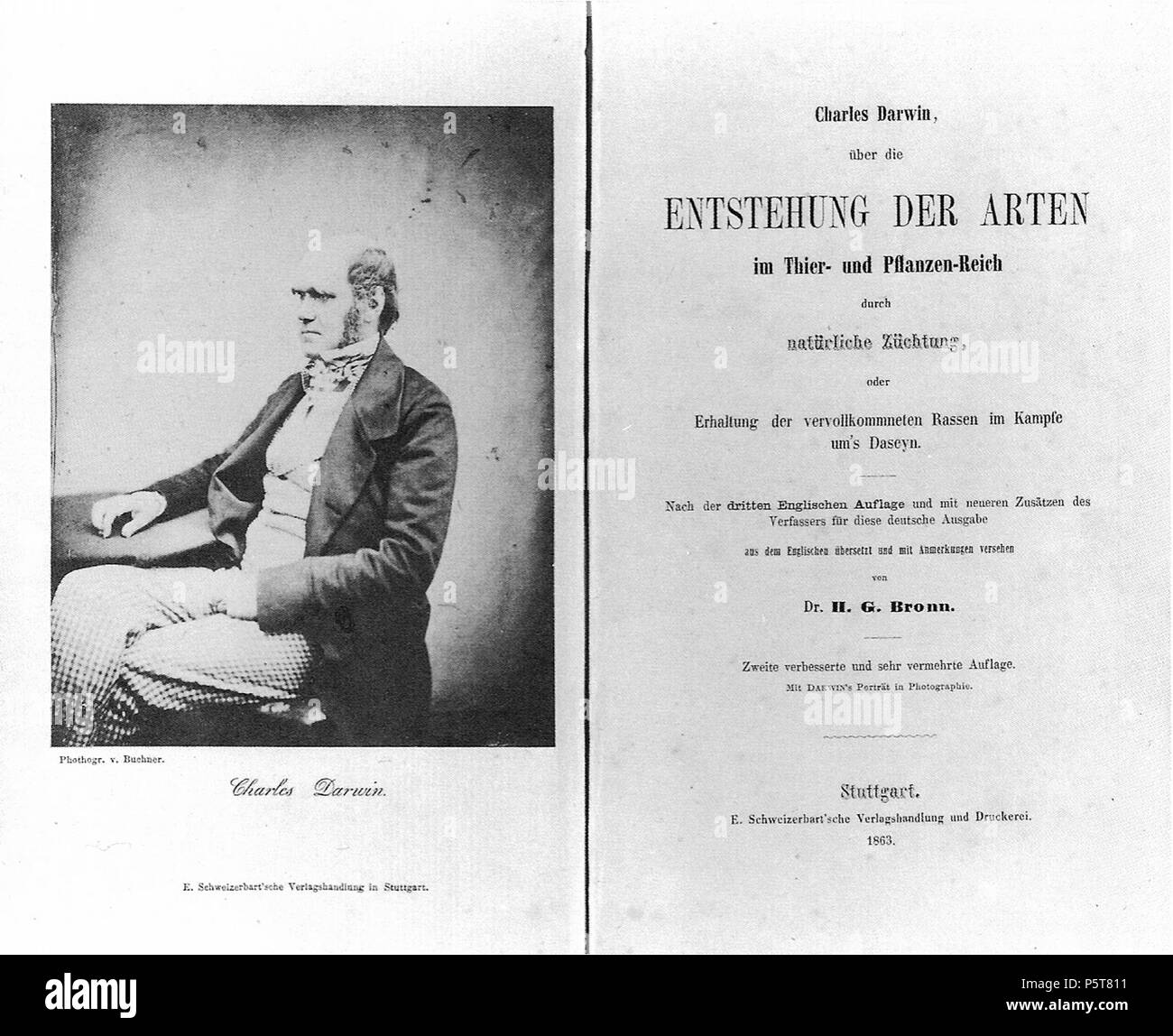 N/A. Deutsch : Titelblatt der ersten Ausgabe des Werkes von Charles Darwin : mourir en Entsteheung der Arten der deutschen Übersetzung von H. G. Bronn ; auf der linken Seite ein Foto von Darwin mit der Signierung 'Buchner'. Carl Buchner machte in Wirklichkeit nur die Reproduktion des Originalfots von Maull & Fox. 1863 ; photographie originale : 1854. photographie originale : Maull & Fox cette copie Carl Buchner (1821-1918) Noms alternatifs Carl Johann Sigmund Buchner Description peintre et photographe allemand Date de naissance/Décès 13 Juin 1821 4 février 1918 Lieu de naissance/décès Nürnberg Stuttgart Banque D'Images