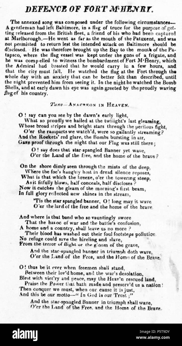 N/A. L'un des deux exemplaires de la broadside 1814 impression de la défense du fort McHenry, un poème qui est devenu plus tard l'hymne national des États-Unis. L'année 1814. Francis Scott Key 431 Défense du fort m'Henry travers Banque D'Images
