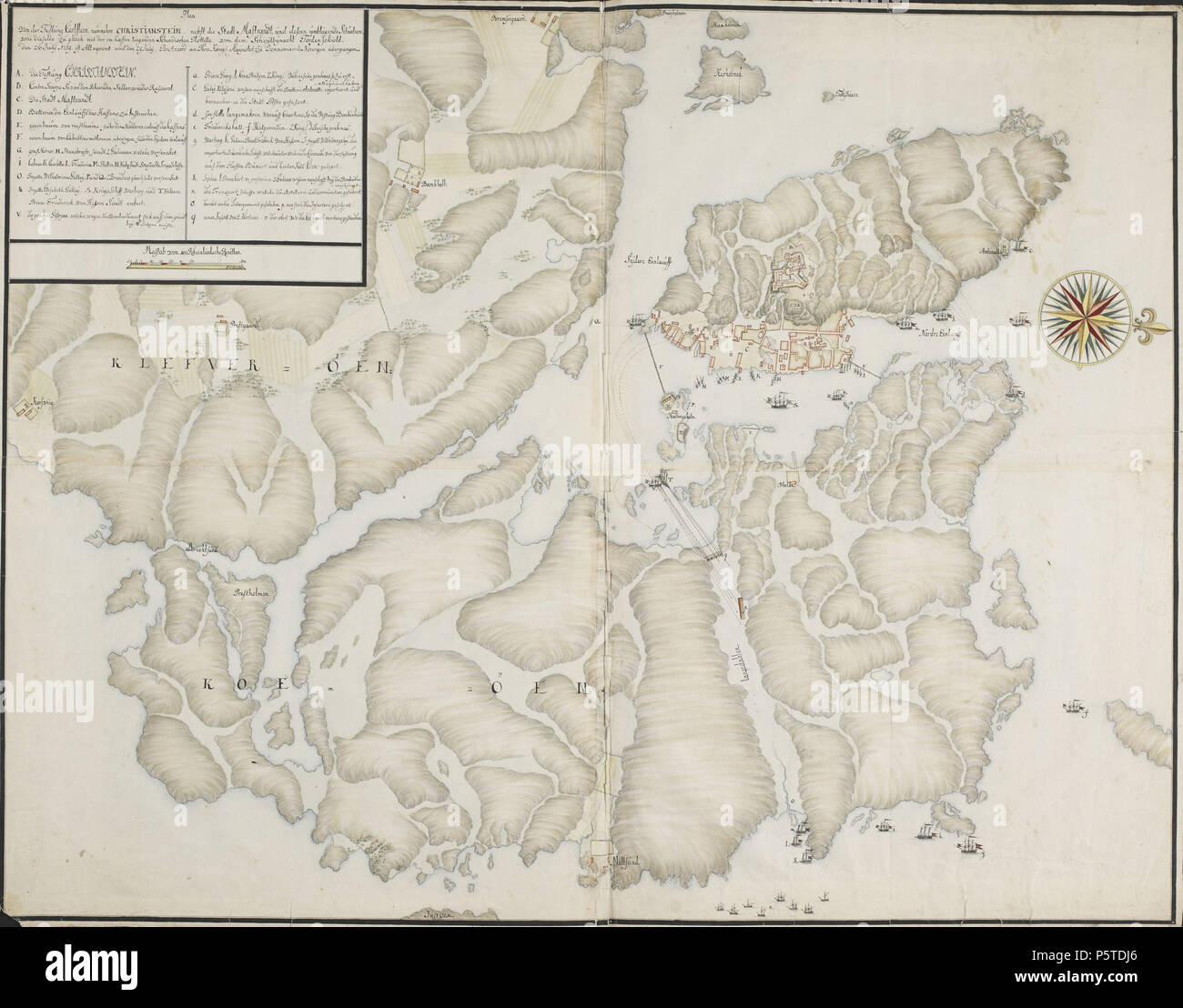 N/A. Anglais : Danois carte sur la ville suédoise Marstrand, forteresse Carlsten et les îles environnantes, au cours de l'attaque navale danois 1719. Location de bateaux et de fortifications je détail. Svenska Dansk : karta över Klöver-, Ko- och Marstrandsön sous det danska anfallet 1719. Fartygsplaceringar försvarsanläggningar j'detalj och visas. Deutsch : Plan von der Festung Carlstein numehro Christianstein nebst die Stadt und dessen Marstrand Situation umbliegende dieselbe zu gleich wie mit der im Schwedischen haffen liegenden Flottille von dem Tordenschiold Schoutbynacht den 26. Juillet 1719 fit. Attaqviret Banque D'Images