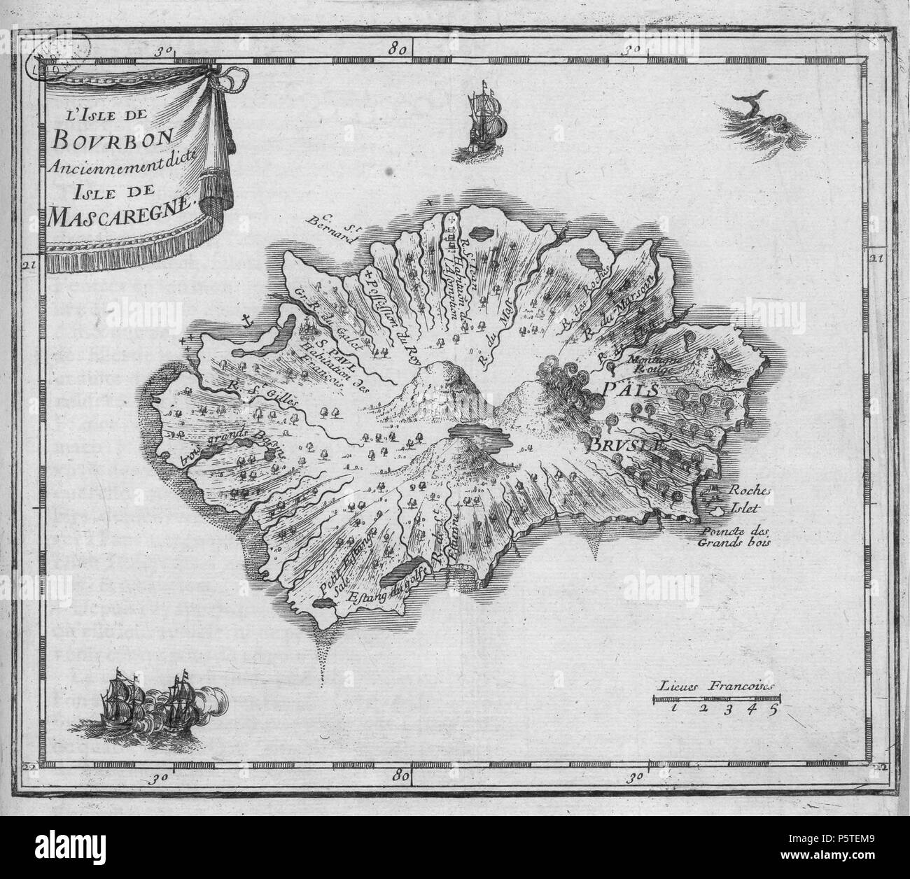 N/A. Carte de Bourbon parue dans l'histoire de la Grande Isle de Madagascar. 1661. Étienne de Flacourt 279 Carte-Bourbon Histoire-Madagascar- Banque D'Images
