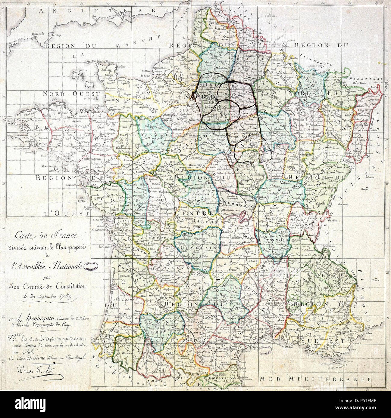 N/A. English : 'Carte de France divided into two new species suivant le plan proposé à l'Assemblée nationale', premières propositions de découpage préalables à la division de la France en départements . 29 septembre 1789. L. Hennequin pour le Comité près l'assemblée nationale française, numérisation par centre historique des Archives nationales - Atelier de photographie 279 CarteComiteConstitution1789 Banque D'Images