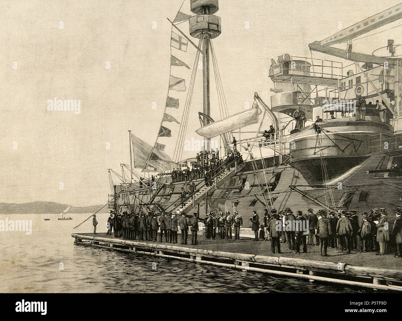 Marie François Sadi Carnot (1837-1894). Président de la Troisième République de France. Port de Toulon, France. Sadi Carnot visitant le cuirassé Pelayo de la marine espagnole la guerre. Gravure de Rico. L'illustration espagnole et américaine, 1890. Banque D'Images