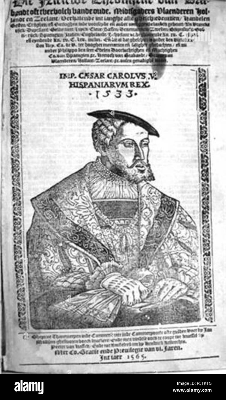N/A. English : Seconde édition de cette chronique comportant un titre orné du portrait de Charles Quint. 1565. Imprimé par Jan Mollijns, textes par Gysbrecht Mercx () 330 CharlesVNieuweChronijckeBrabandt Banque D'Images