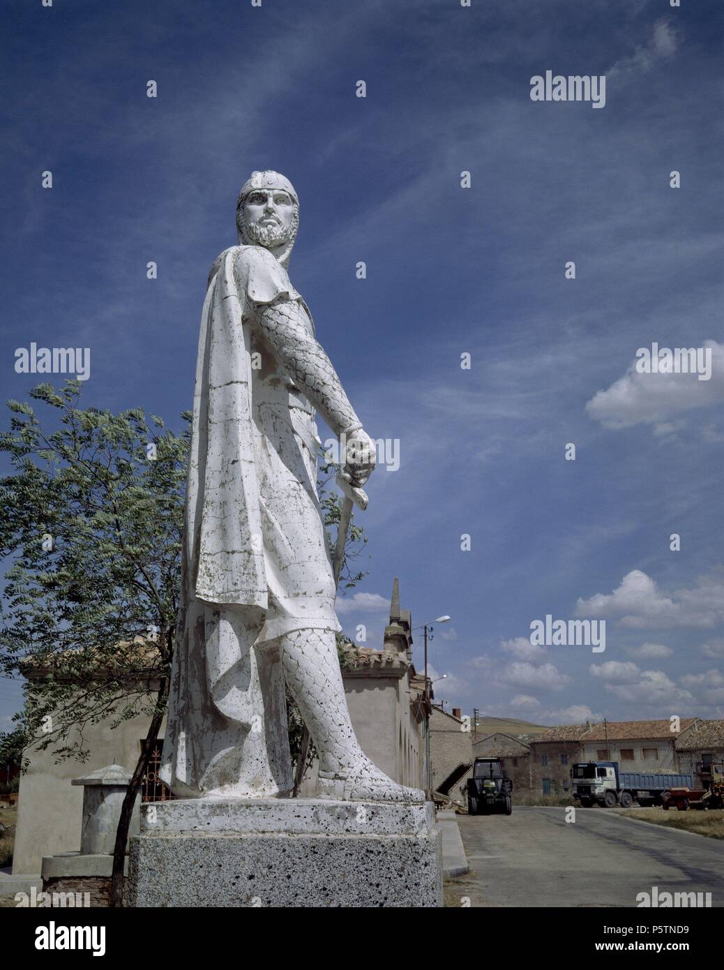 Statue du CID - Hotel Nobel 1963. Lieu : extérieur, VIVAR DEL CID, Burgos, Espagne. Banque D'Images