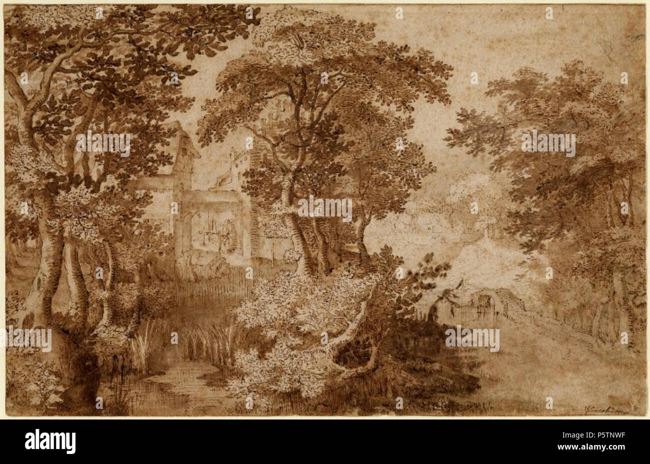 Anglais : Paysage avec un moulin à eau Nederlands : Boslandschap met een watermolen 17e siècle. N/A 435 Denis van Alsloot - paysage avec un moulin à eau Banque D'Images