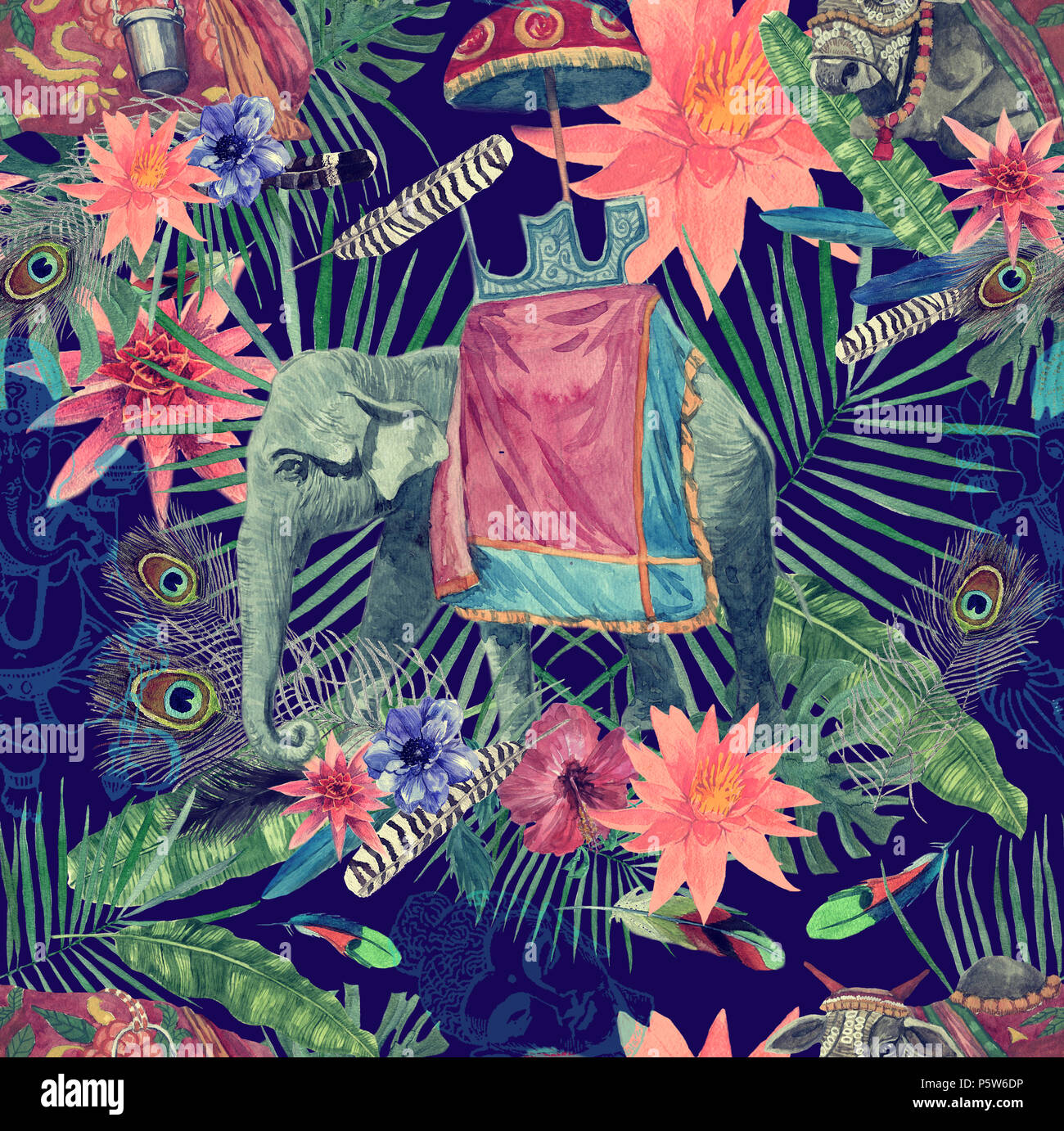 L'aquarelle transparente avec motif vache, l'éléphant, de feuilles, de fleurs. Banque D'Images