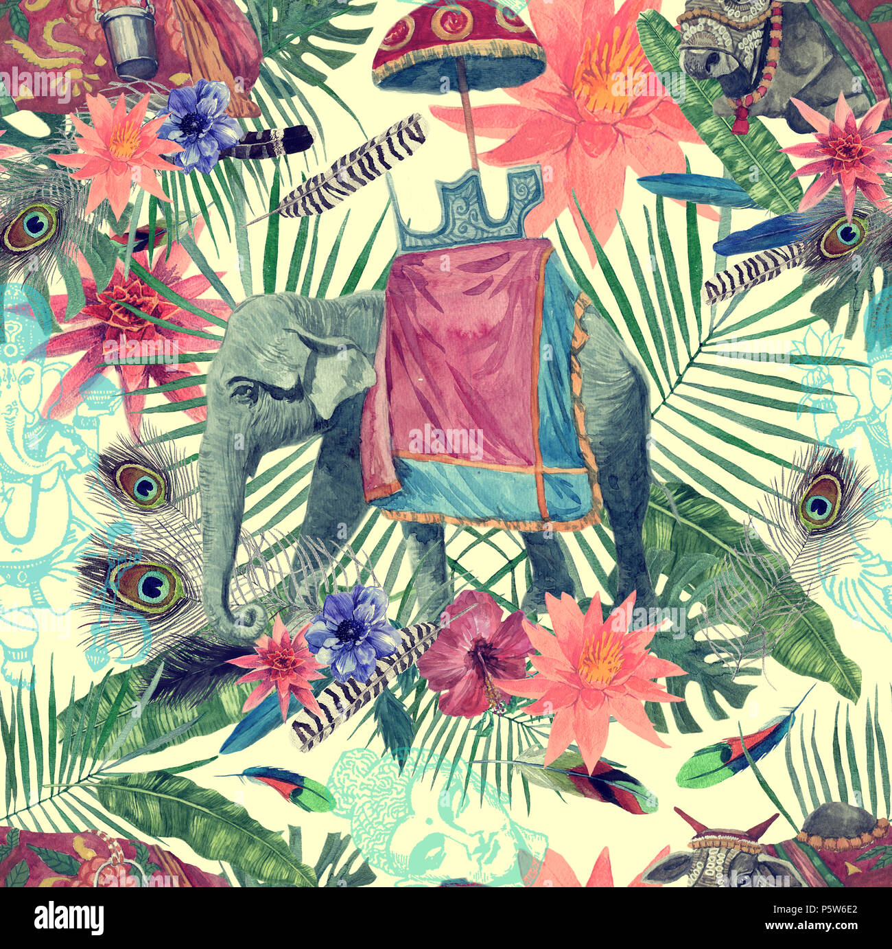 L'aquarelle transparente avec motif vache, l'éléphant, de feuilles, de fleurs. Banque D'Images