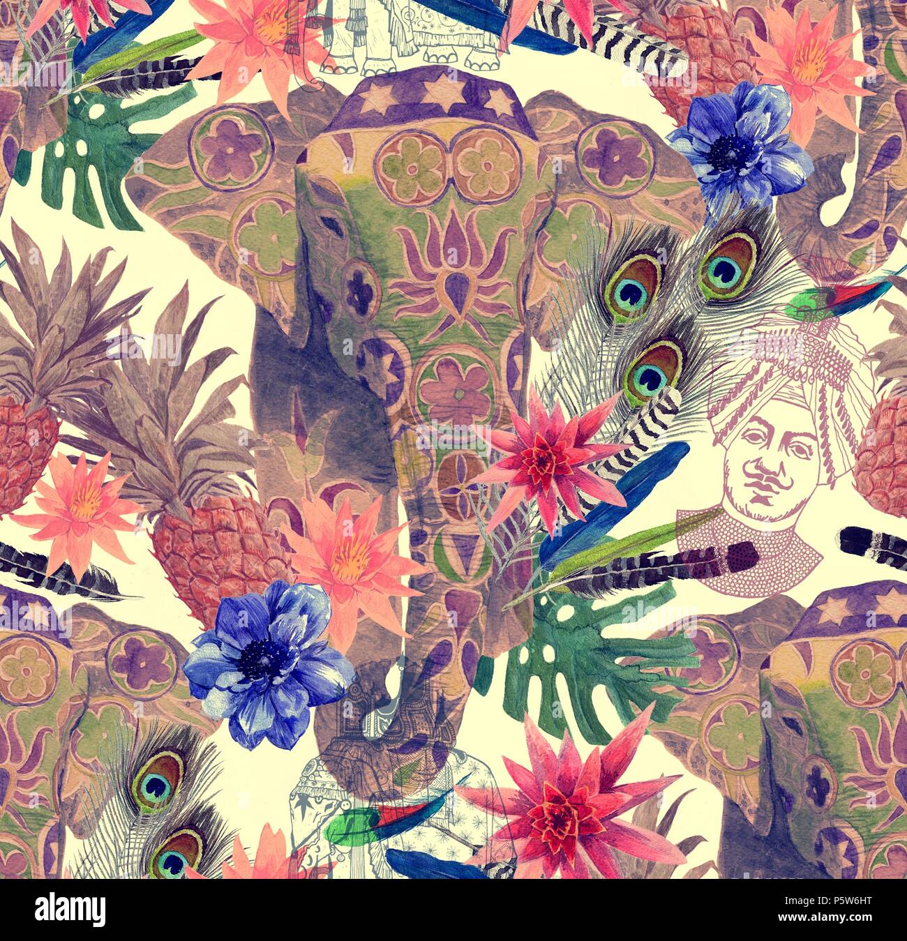 L'aquarelle transparente avec motif tête d'éléphant indien. Banque D'Images