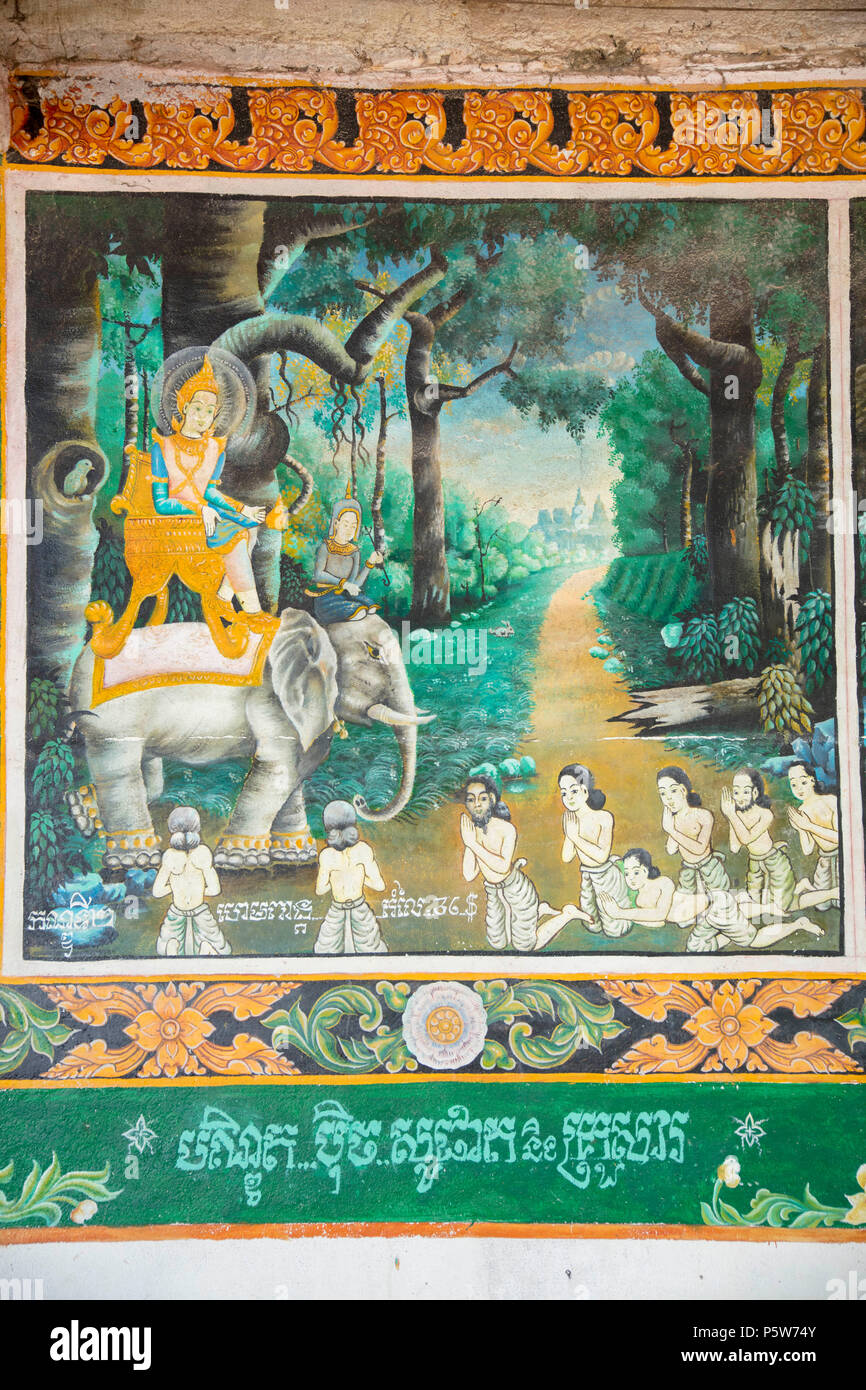 Peintures murales bouddhiques Chisor au temple de montagne au Cambodge montrant des scènes de la vie de Bouddha Siddhartha Banque D'Images
