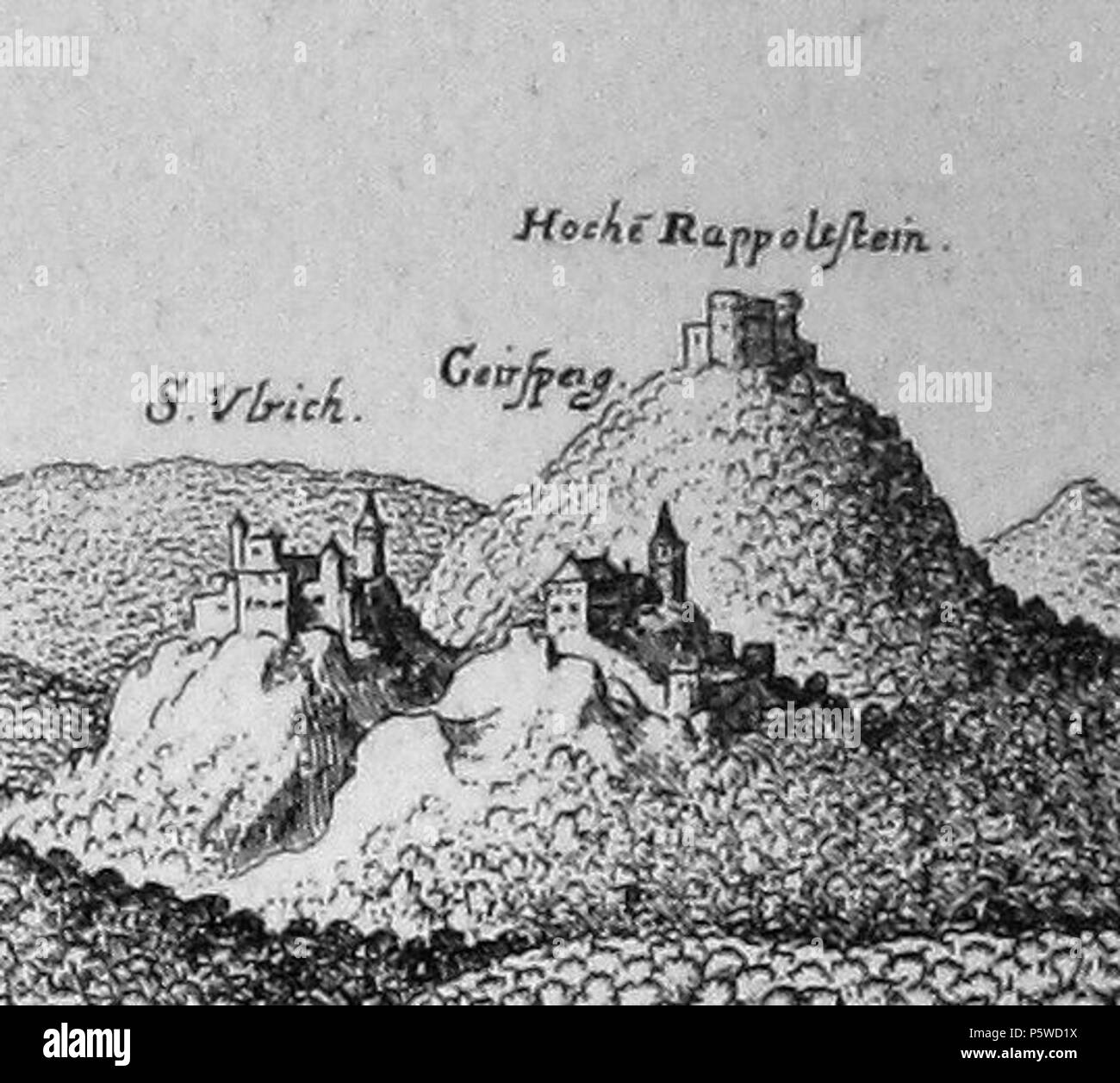 N/A. Deutsch : Ausschnitt aus Matthäus Merians Rappoltsweyer dans der Stich Topographia Alsatiae mit den drei Burgen Saint-ulrich, le Girsberg und Hoch-Rappoltstein . 1663 (publié). Matthäus Merian (1593-1650) Noms alternatifs Matthäus Merian der Ältere ; programme Matthaeus Merian ; Matthias Merian Description Swiss copperplate graveur et éditeur Date de naissance/décès 22 Septembre 1593 19 juin 1650 Lieu de naissance/décès Basel Bad Schwalbach lieu de travail Suisse (Zurich, Bâle), la France (Nancy, Paris), Pays-Bas, Allemagne (Augsburg, Strasbourg, Stuttgart, Francfort, Oppenheim) Pouvoir c Banque D'Images