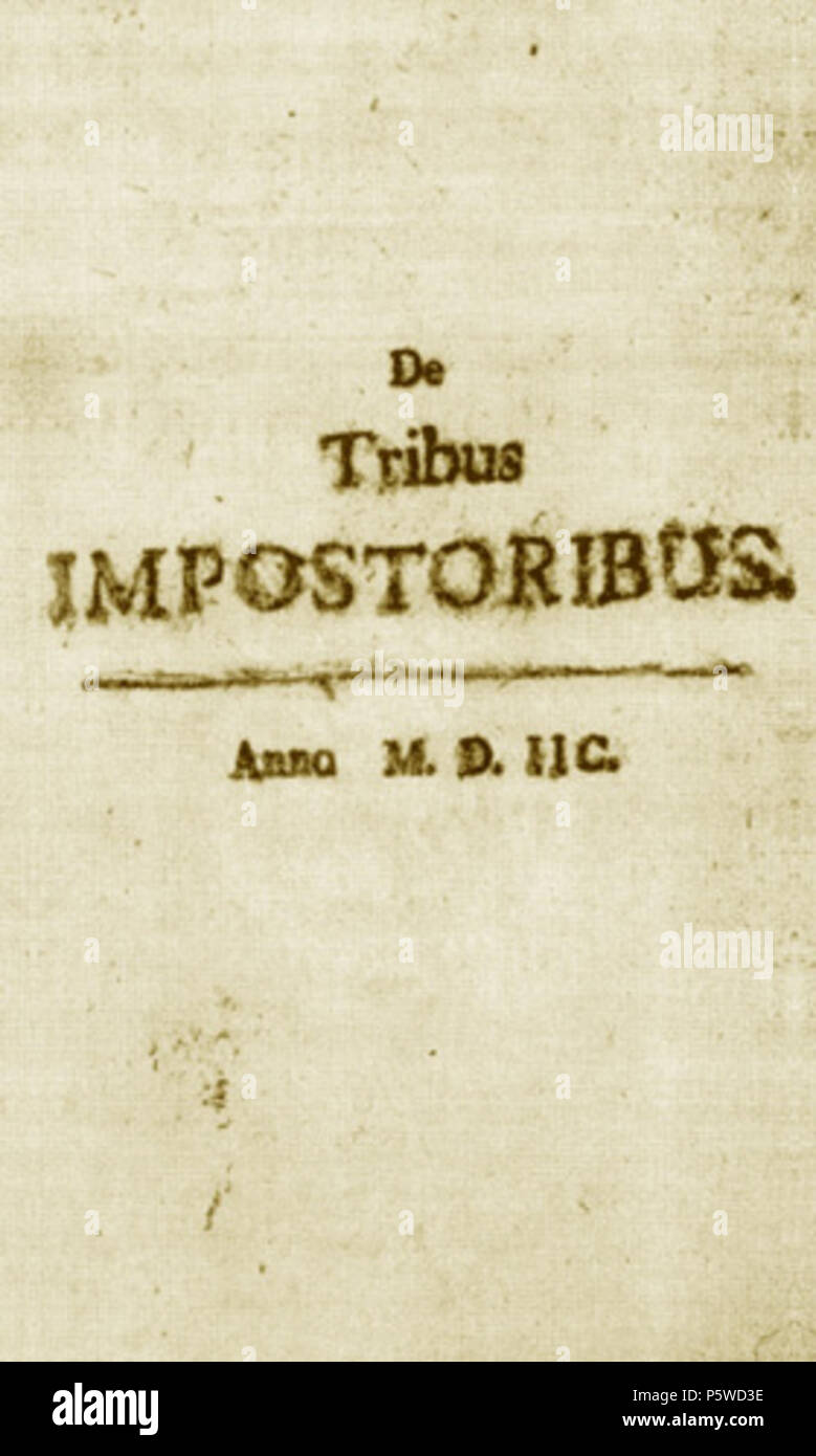 N/A. Italiano : Prima edizione de tribus impostoribus 'De', Wien, Straub, 1753, con la falsa del données 1598 . 1753. Johann Joachim Müller (1661-1733) 428 de tribus impostoribus Banque D'Images