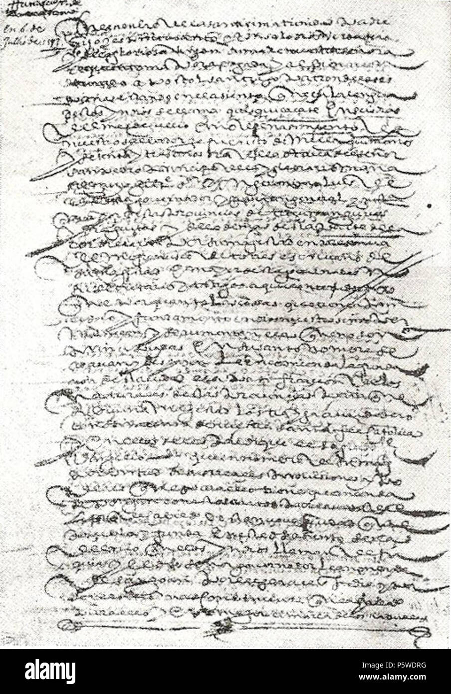 N/A. Español : Acta de la Fundación de la ciudad de Córdoba, Argentine. Selon la transcription, dés que 'por cuanto las cosas que no tienen principio y fundamento en Dios nuestro Señor permanecen y se aumentan y las que no son principiadas en su Santo nombre se acaban y se deshacen, le encomienda la Fundación de esta nueva ciudad y la pacificación de los naturales de estas Provincias para que su Magestad Divina los verdaderos traiga un conocimiento de nuestra Santa Fe Católica y en ella se les predique el Sagrado Evangelio y que en nombre de Su Magestad, por sus virtud de reales y Provisiones Pode Banque D'Images