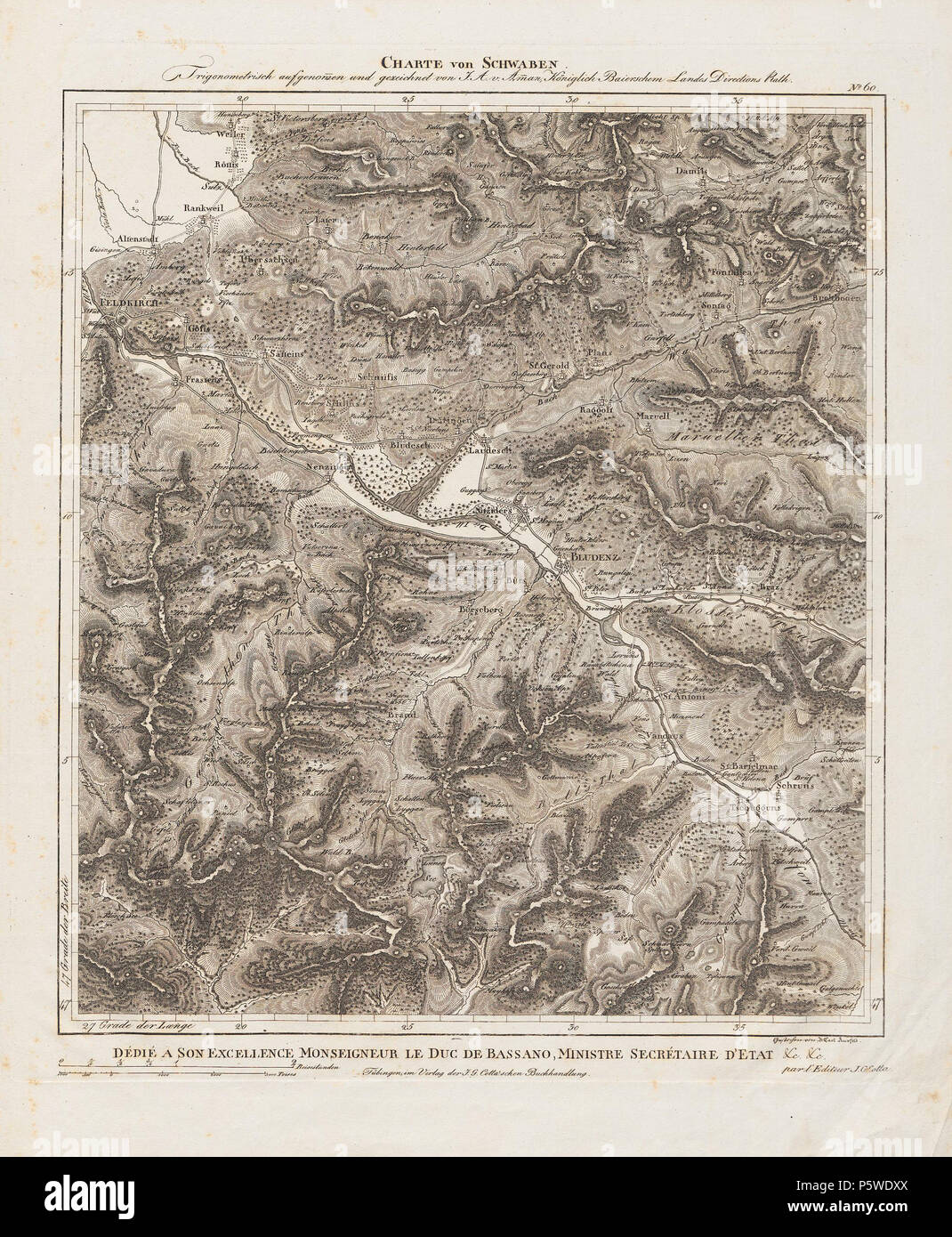 N/A. Charte von Schwaben. Blatt [60] Bludenz . Entre 1798 et 1828. Ignaz von Ambros Amman 332 Charte von Schwaben 60 Tafel Bludenz Banque D'Images