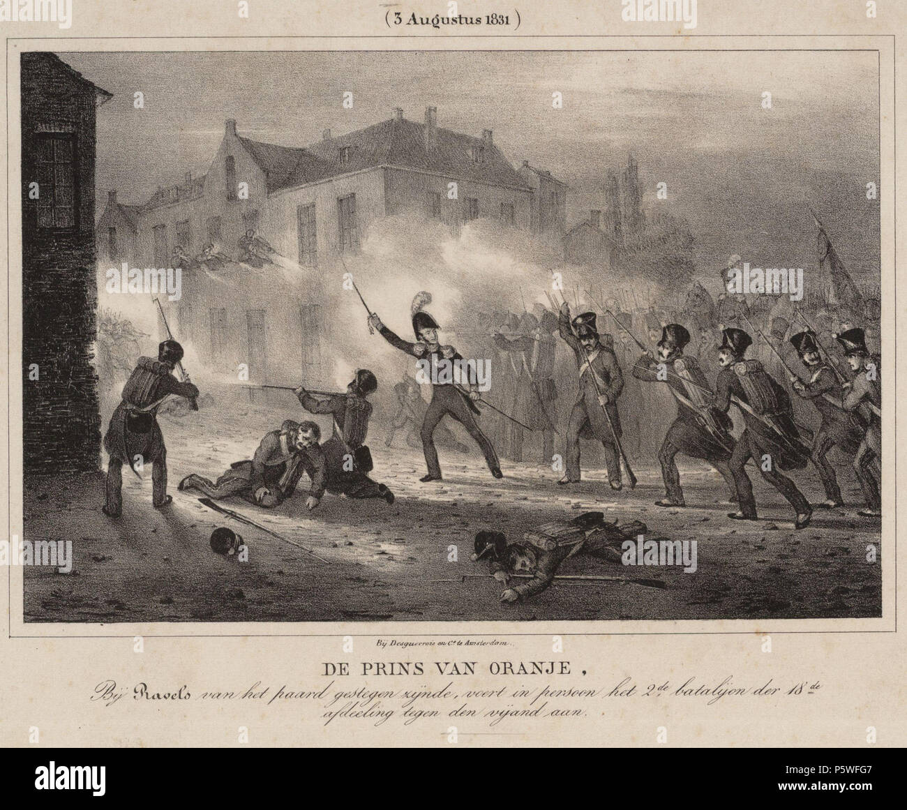 N/A. Nederlands : Beschrijving De Prins van Oranje Bij het paard van Ravels, zijnde gestegen dans het voert persoon 2e Bataljon der 18e afdeling tegen de vijand aan Tiendaagse veldtocht. Afmetingen : 142x210 mm. Documenttype prent Vervaardiger Desguerrois en Co Collectie Collectie Stadsarchief Amsterdam : tekeningen en prenten Datering 1 januari 1831 ca. Http://archief.amsterdam/archief/10097/010097007678 Afbeeldingsbestand Inventarissen 010097007678 . 1 janvier 1831 ca.. Desguerrois Desguerrois 439 Co en Co, Afb 010097007678 Banque D'Images