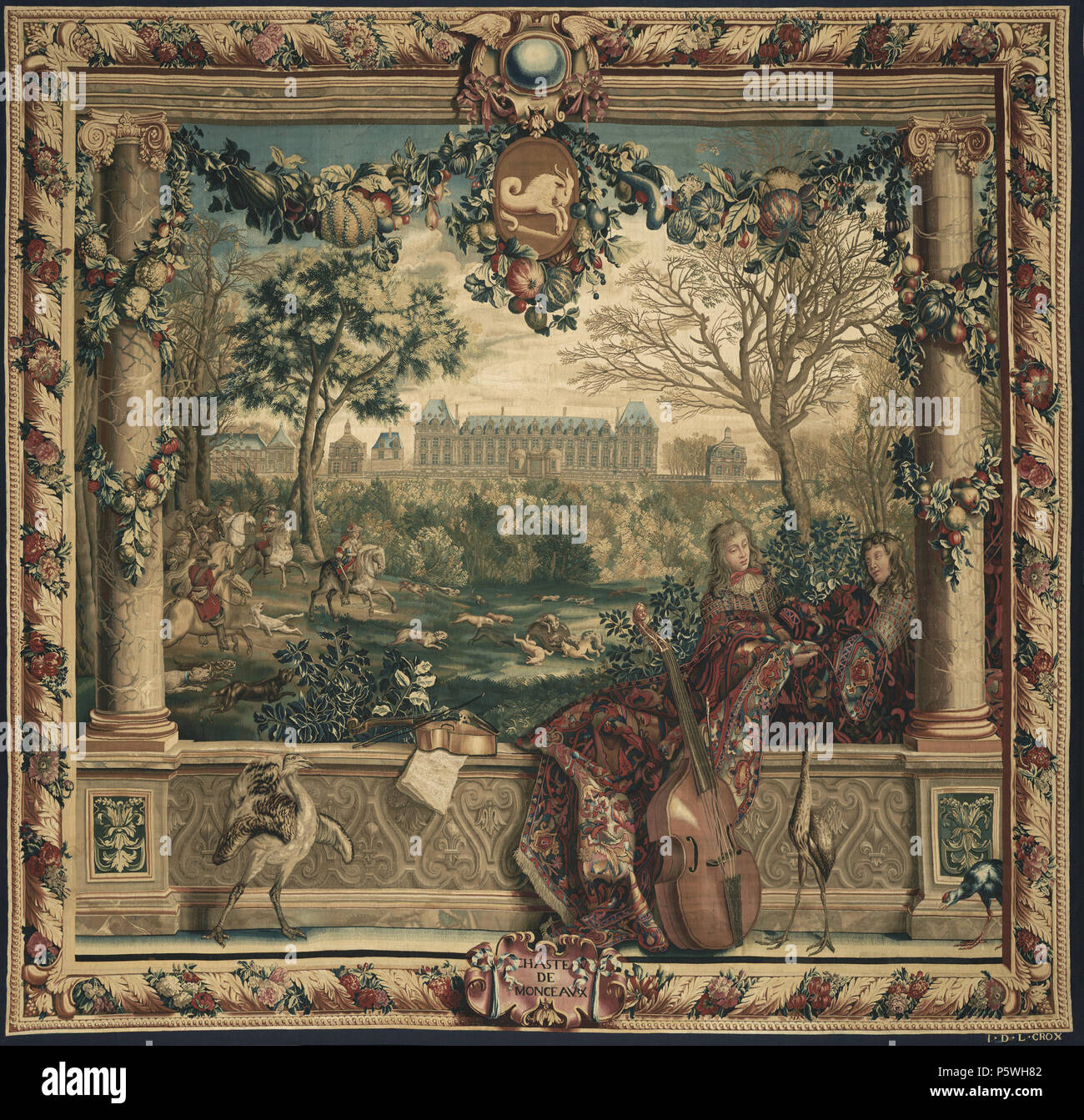 Tapisserie : le mois de décembre de la série Royal Residences ; après conçoit par Charles Le Brun (Français, 1619 - 1690), un portrait peint par François van der Meulen (Français, 1632 - 1690), Beaudrin Bobillot (Français, 1611 - 1690), Jean-Baptiste Monnoyer (Français, 1636 - 1699), Pierre-Boels Français (Boulle, active la deuxième moitié du 17ème siècle), et tissé sous la direction de Jean de la Croix (Français, 1662 - 1712, actif à Gobelins), Manufacture des Gobelins (Français, fondée 1662 - présent) ; Gobelins, France ; avant 1712 ; Laine et soie ; 317,5 x 330,8 cm (125 x 130 1/4 in.) ; 85.JJ.309 Château 347 Banque D'Images