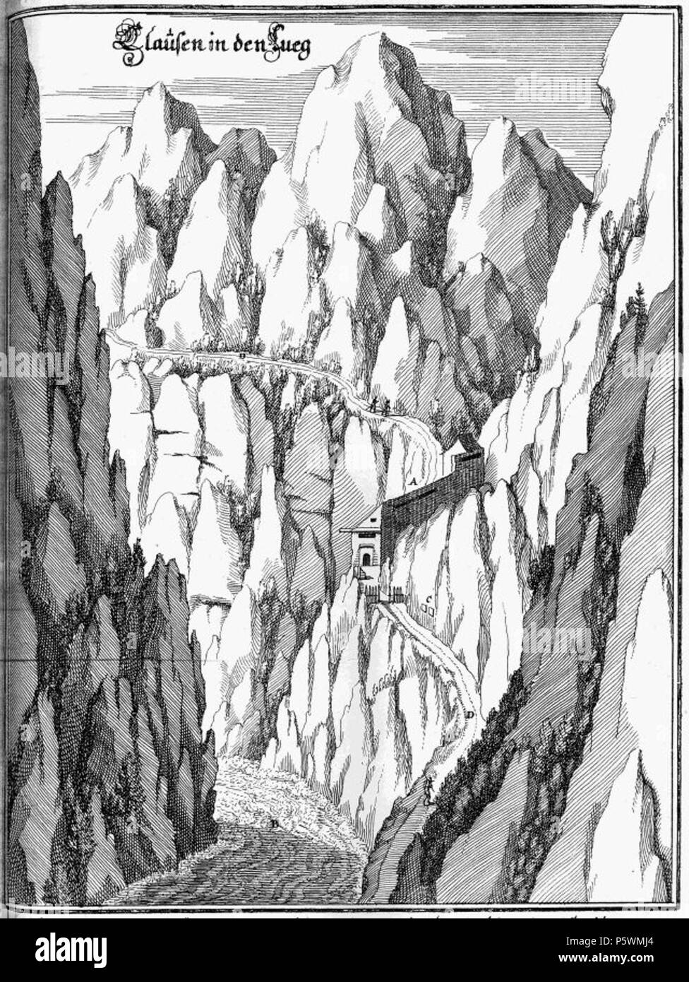 N/A. Deutsch : Pass Lueg nach Merian (1656) . 1656. Merian Matthaeus 352 Clausen dans den Lueg-neu Banque D'Images