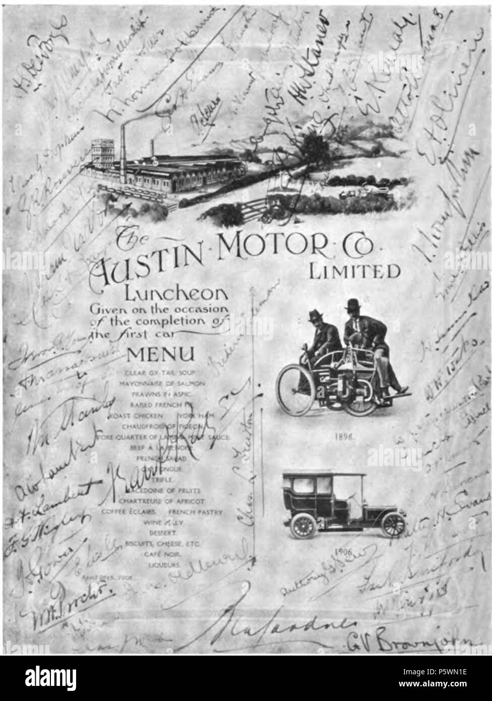 N/A. English : 'un intéressant souvenir de l 'baptême' de la première voiture d'Austin. La carte des menus du déjeuner des 'baptême à l'Œuvres de Longbridge, Northfields, le 26 avril. Les signatures des personnes présentes ont été recueillies sur deux menus pour Mr H Austin et le capitaine Kayser respectivement.' . 5 mai 1906. Soupe de boeuf clair inconnu 353 19060426 Banque D'Images