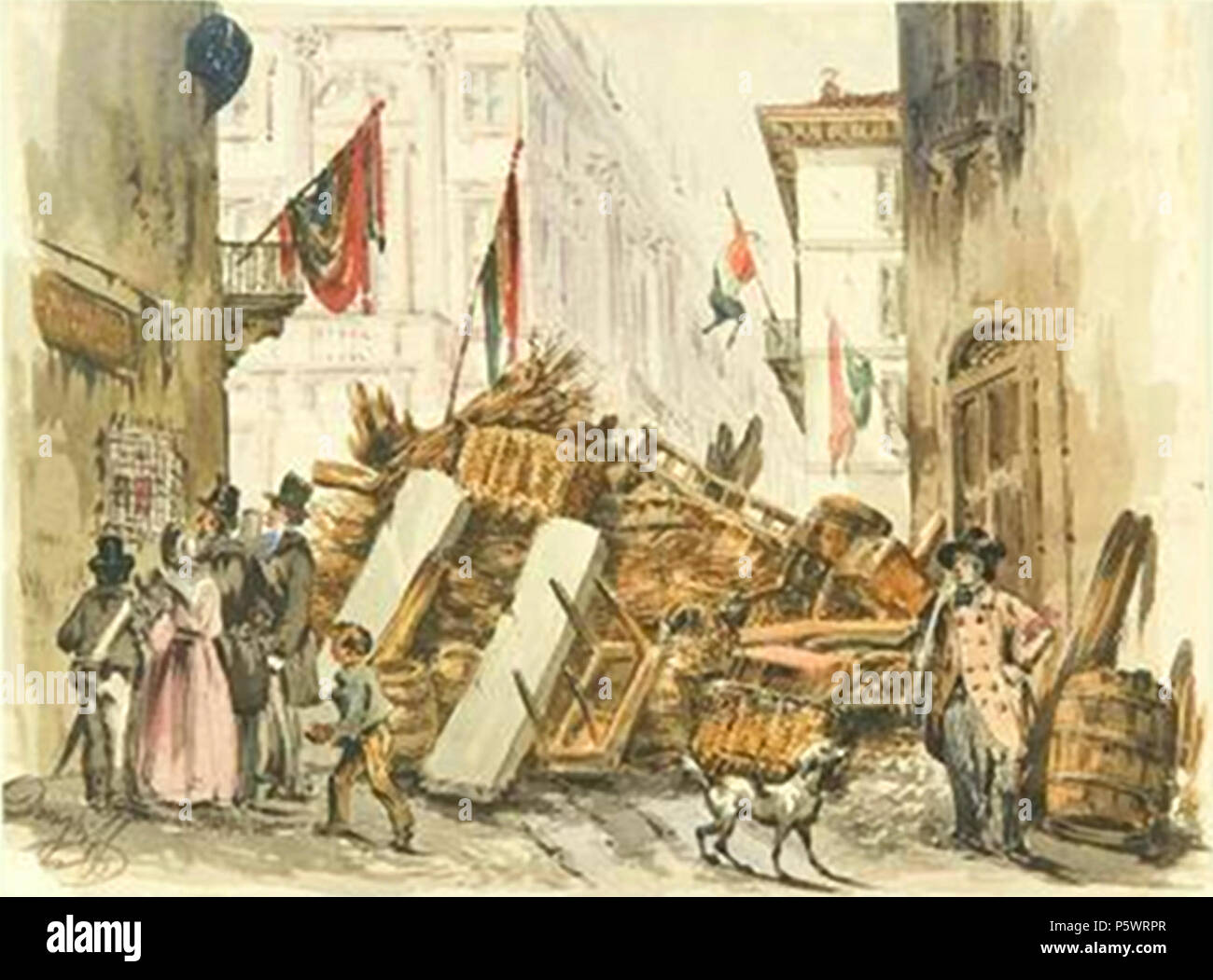 N/A. Anglais : Aquarelle montrant barricate sur une route de Milan au moment de la 'révolution' Cinque Giornate (mars 1848) . 1848. Felice Donghi (1828 - 1887) 465 5 giornate 1848 Donghi Banque D'Images
